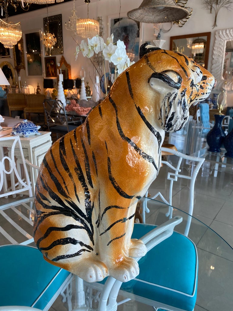 Vintage Large Italian Ceramic Sitting Tiger Statue For Sale 3
