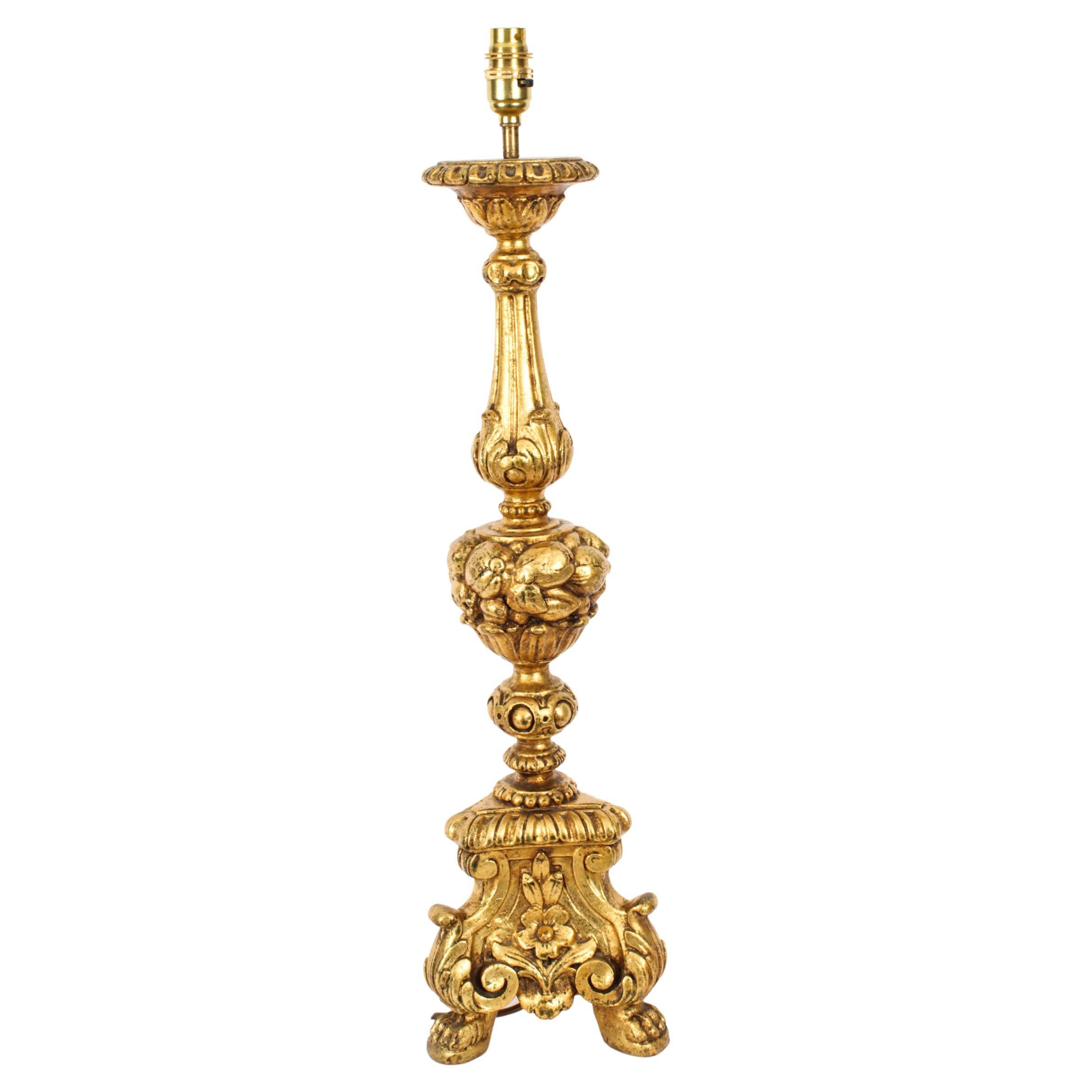 Vintage Large Italian Gilded Baroque Table Lamp Mid 20th Century