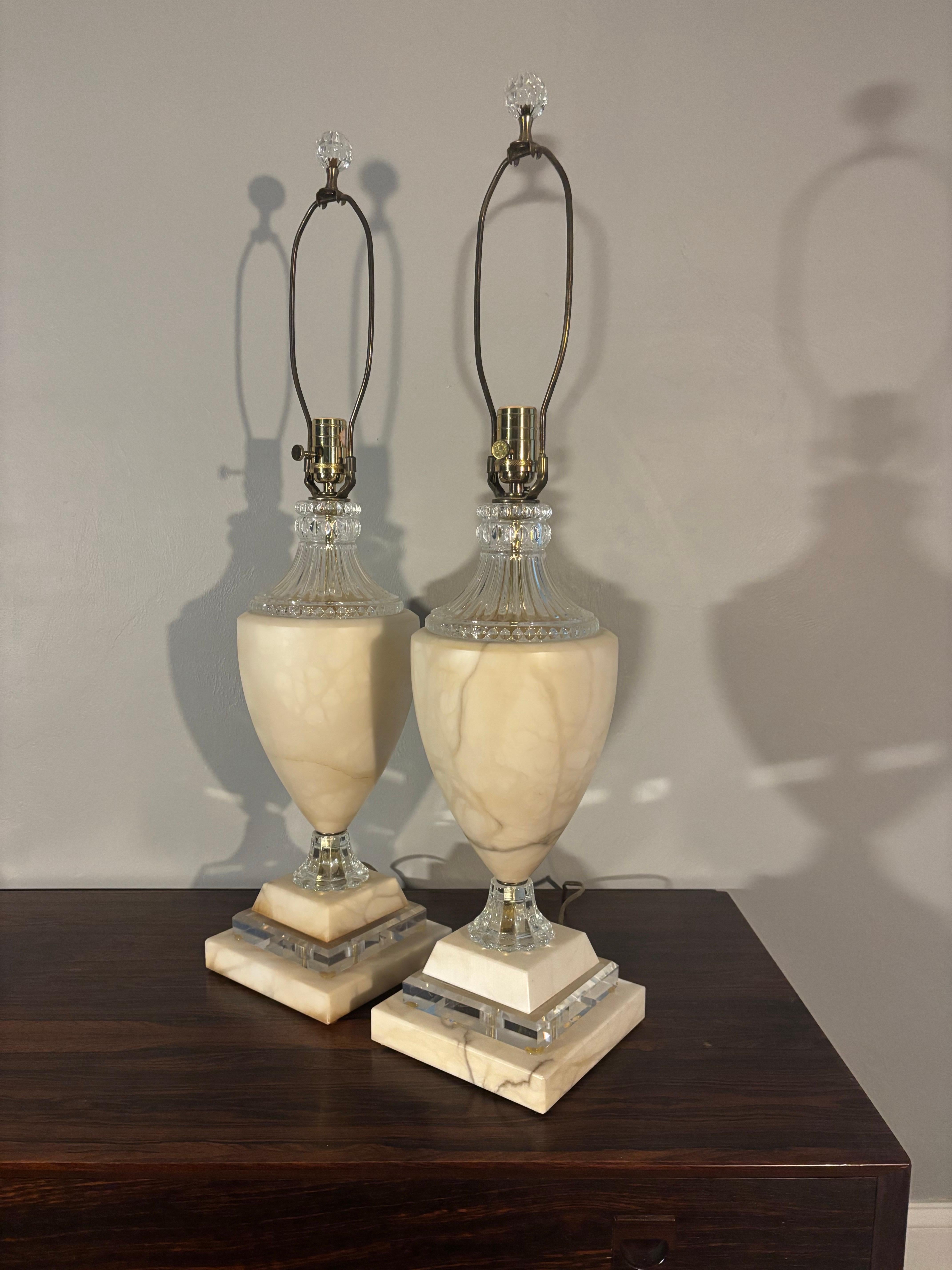 Hollywood Regency Vintage Large Italian Marble and Crystal Glass Table Lamps, a Pair For Sale