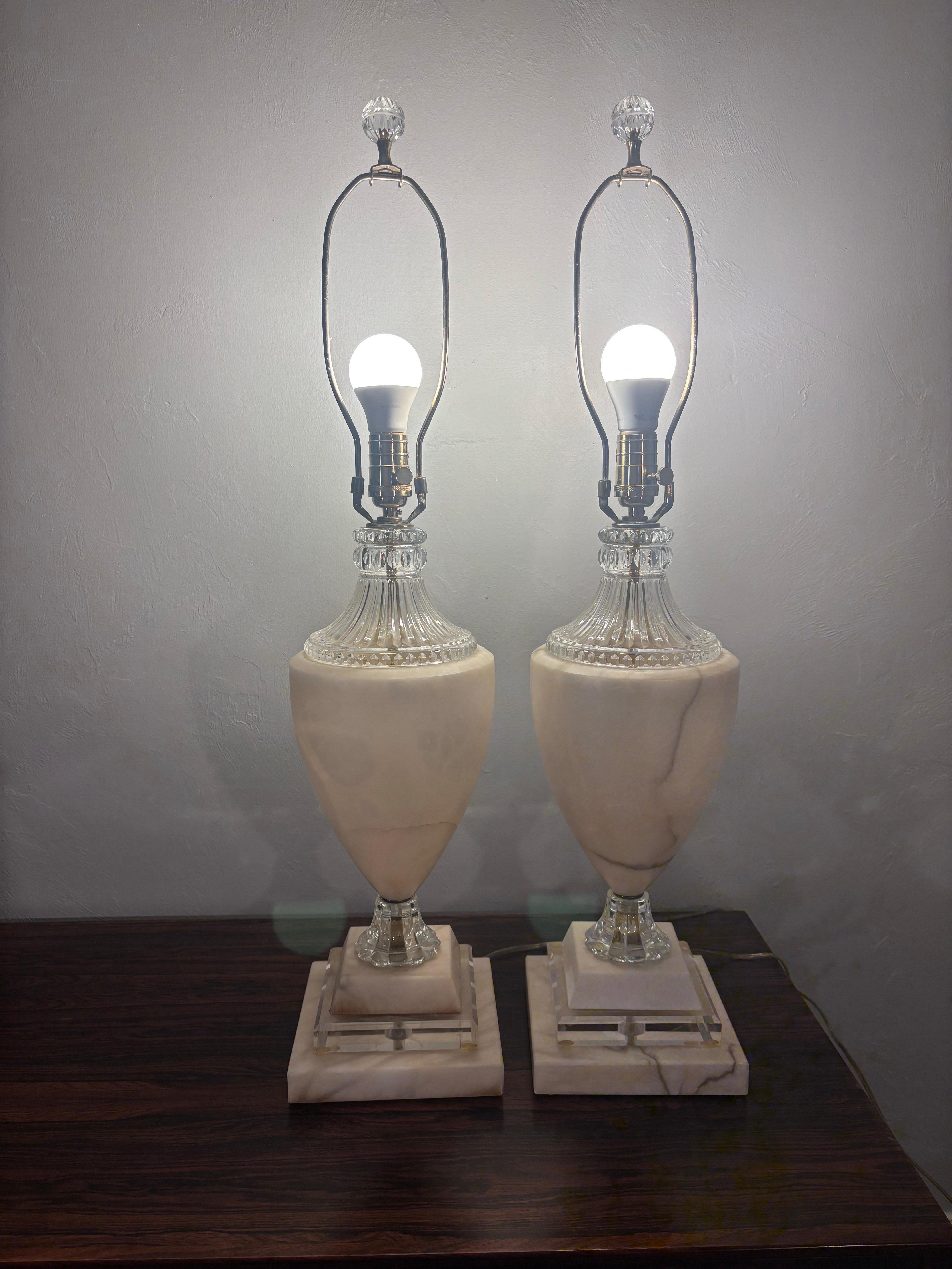 Vintage Large Italian Marble and Crystal Glass Table Lamps, a Pair For Sale 2