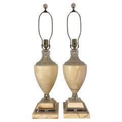 Vintage Large Italian Marble and Crystal Glass Table Lamps, a Pair