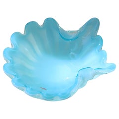 Vintage Large Italian Murano 1970s Shell Clam Bowl Aqua Turquoise Blue Glass 