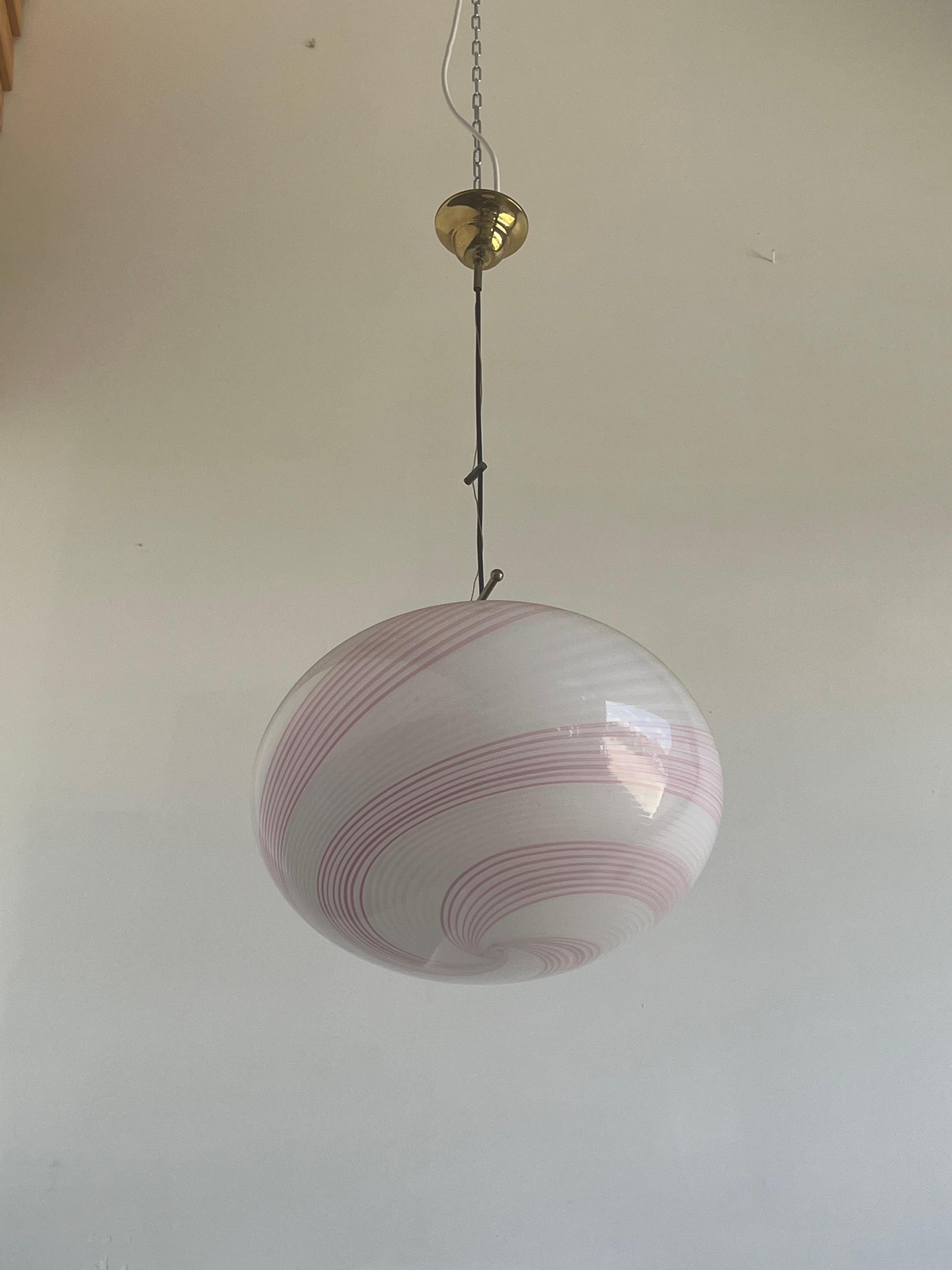 Hand-Crafted Venini Large Italian Murano Glass and Brass Pendant Light