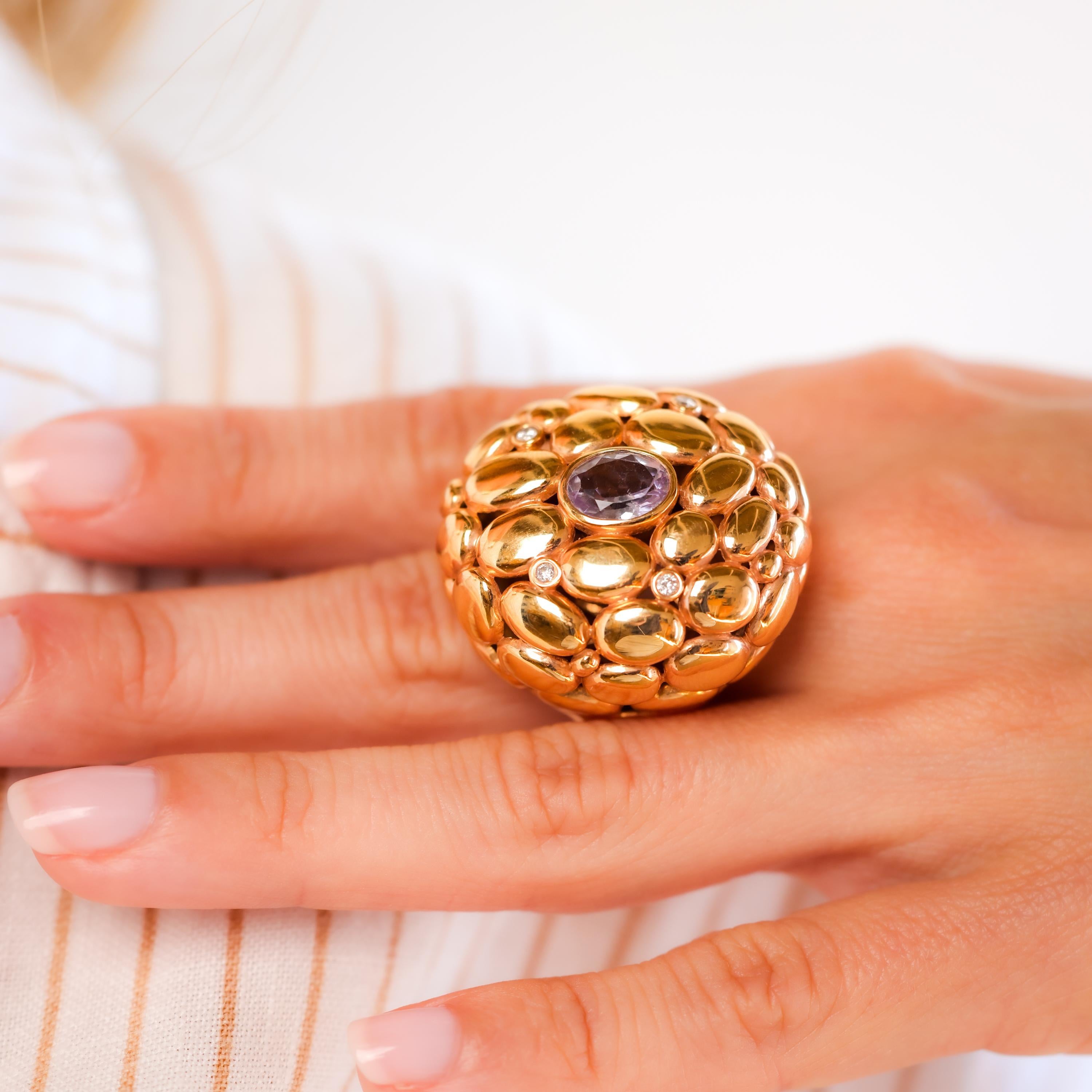 Großer Kunzit-Diamant-Cocktailring aus 18 Karat Gelbgold (Ovalschliff)