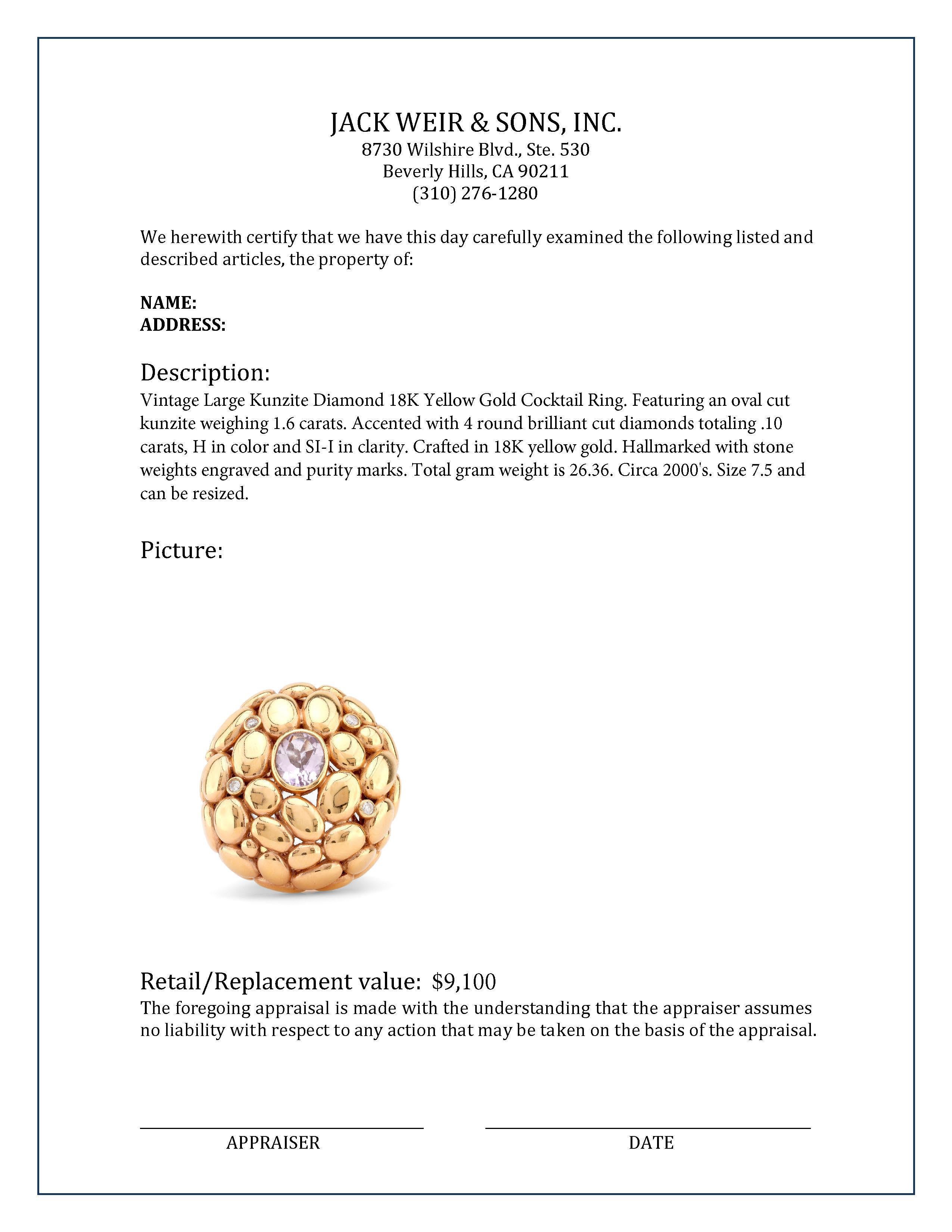 Großer Kunzit-Diamant-Cocktailring aus 18 Karat Gelbgold im Zustand „Hervorragend“ in Beverly Hills, CA