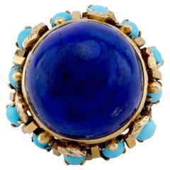 Vintage Large Lapis Lazuli Turquoise 14K Yellow Gold Cocktail Ring