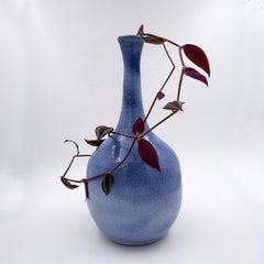 Vintage large long-necked vase in blue glazed terracotta