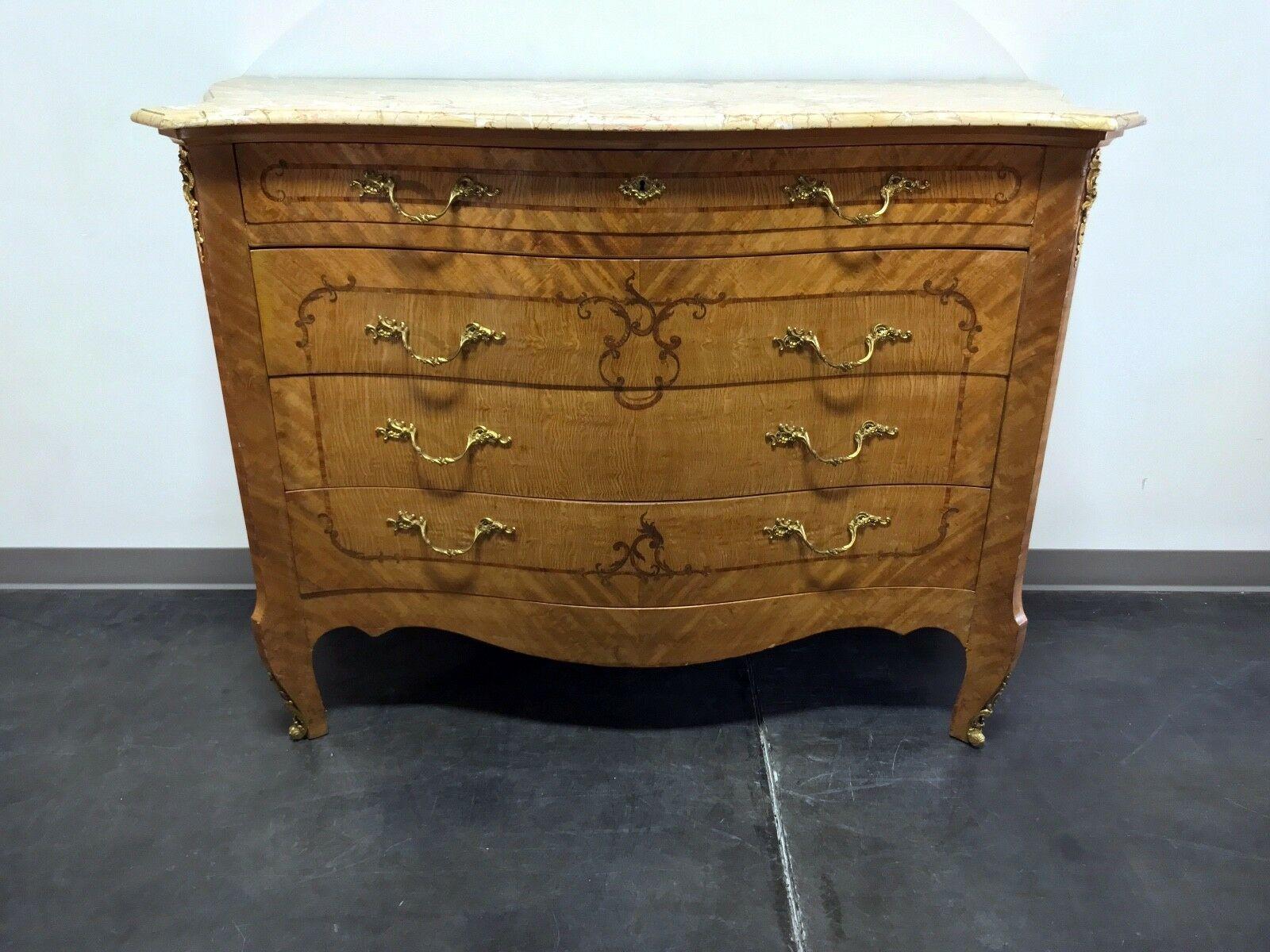 French Provincial Louis XV Style Inlaid Satinwood Marble Top Large Commode Chest For Sale 9