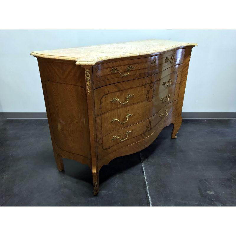 Unknown French Provincial Louis XV Style Inlaid Satinwood Marble Top Large Commode Chest For Sale