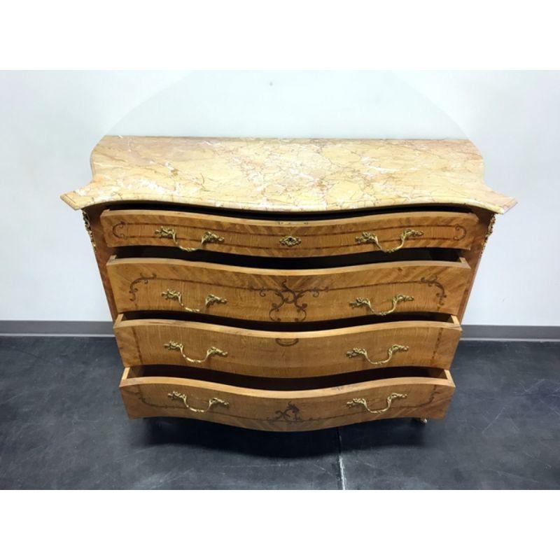 French Provincial Louis XV Style Inlaid Satinwood Marble Top Large Commode Chest For Sale 2
