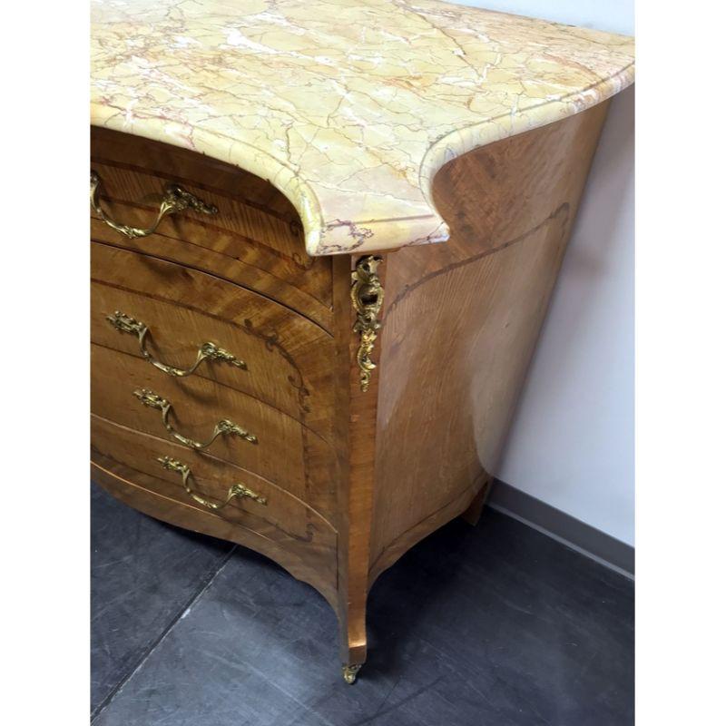 French Provincial Louis XV Style Inlaid Satinwood Marble Top Large Commode Chest For Sale 3