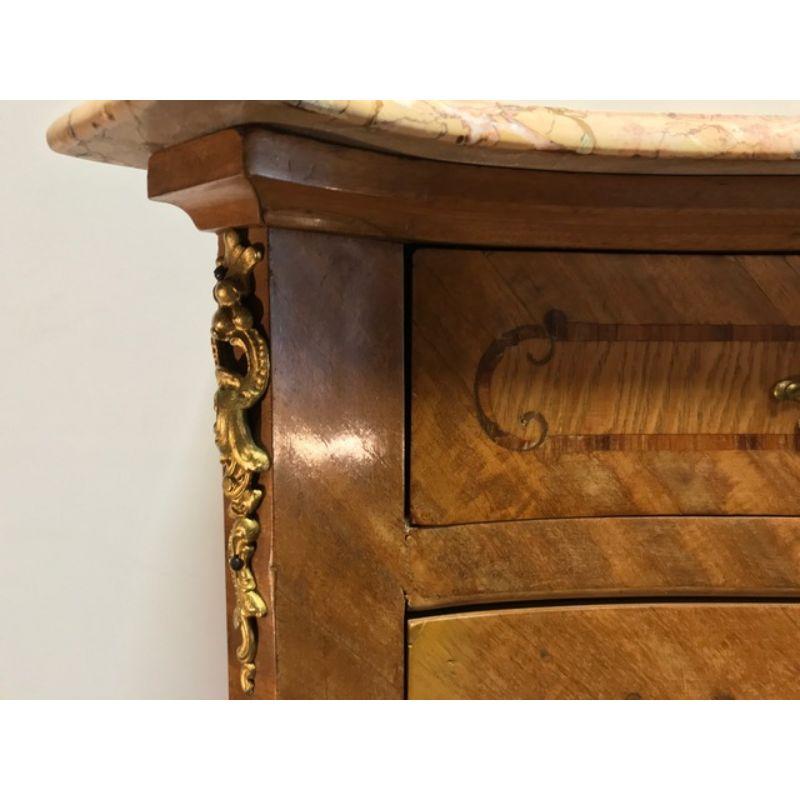 French Provincial Louis XV Style Inlaid Satinwood Marble Top Large Commode Chest For Sale 4