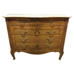 Vintage French Provincial Louis XV Style Inlaid Satinwood Marble Top Large Commode Chest