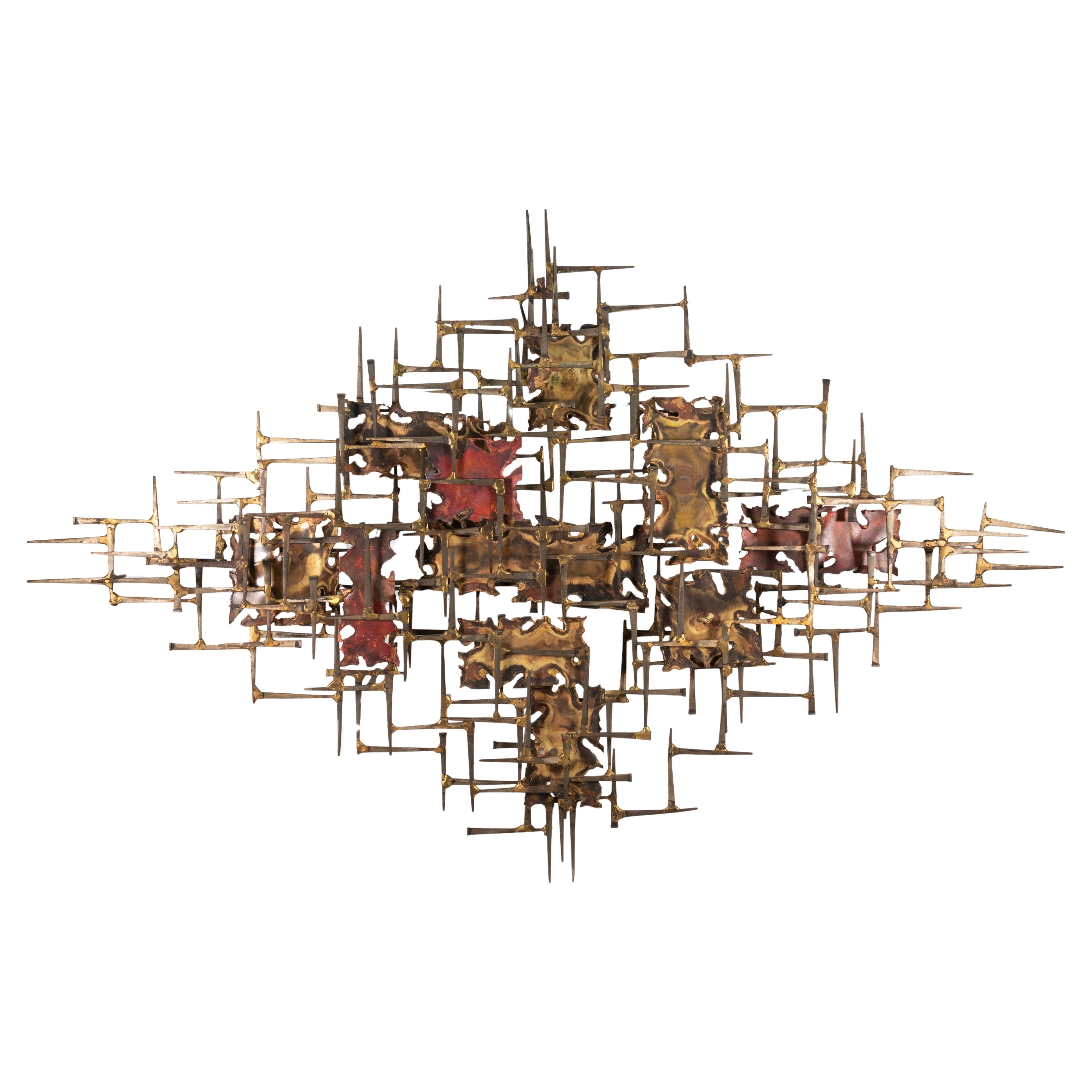 Vintage Large Marc Weinstein Brass & Iron Brutalist Hanging Wall Sculpture