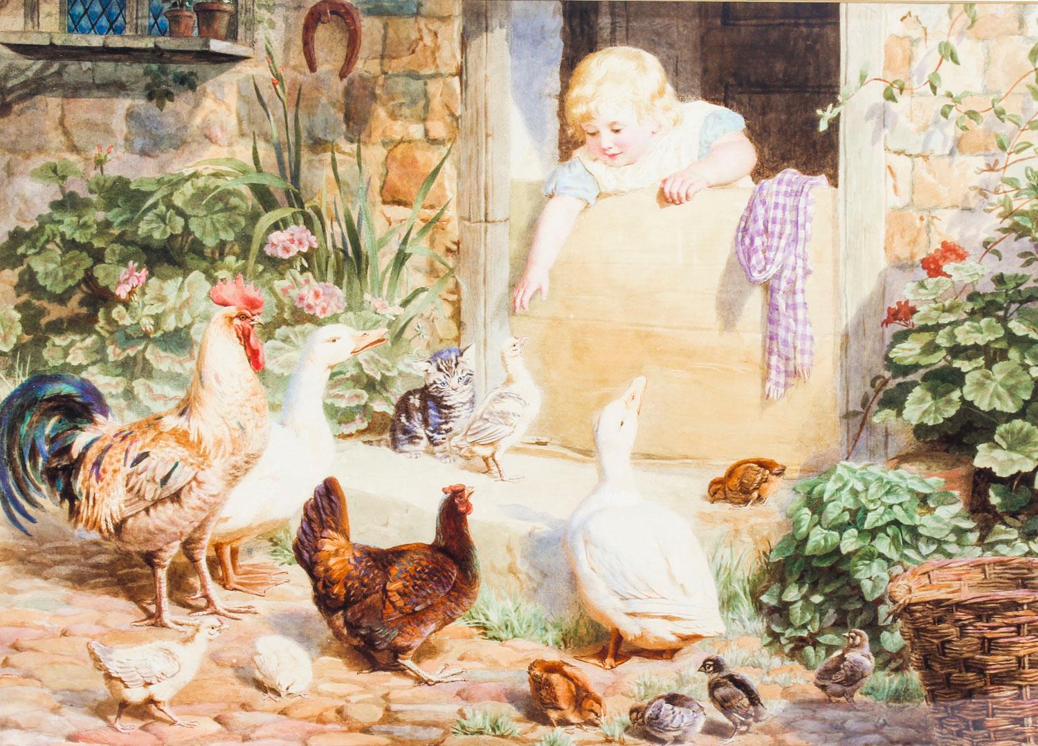 A large beautiful Medici society print of Helena Maguire's painting titled 'Friends All Round', late 20th century in date.

This colorful print features a little girl feeding farm animals through the half-open door of a country cottage.

Add