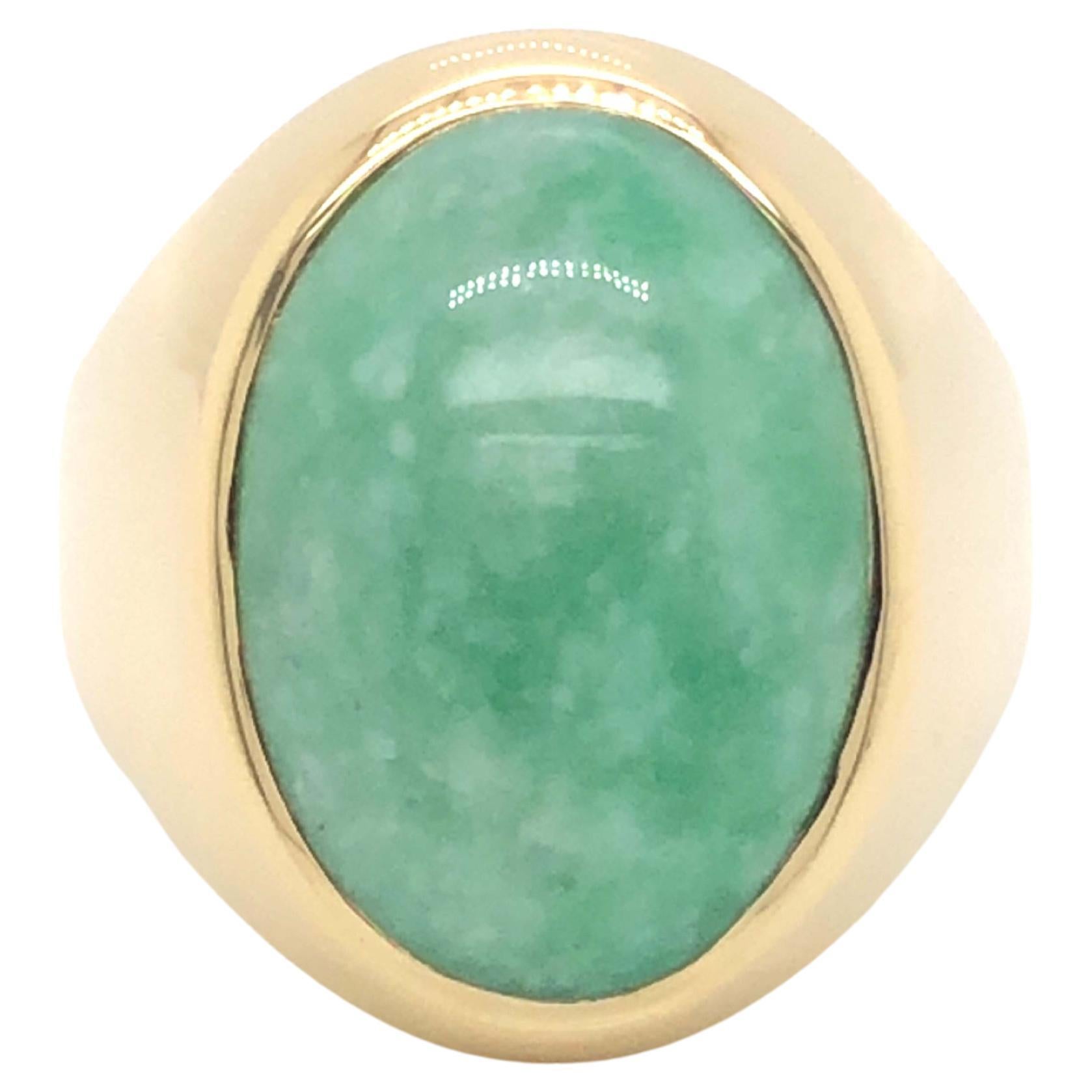 Vintage Large Men's Oval Pale Mottled Green Jade Ring, 14k Yellow Gold