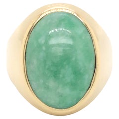 Vintage Large Men's Oval Pale Mottled Green Jade Ring, 14k Yellow Gold