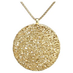 Vintage Large Mesh Round circle Pendant Sterling silver plated with yellow gold
