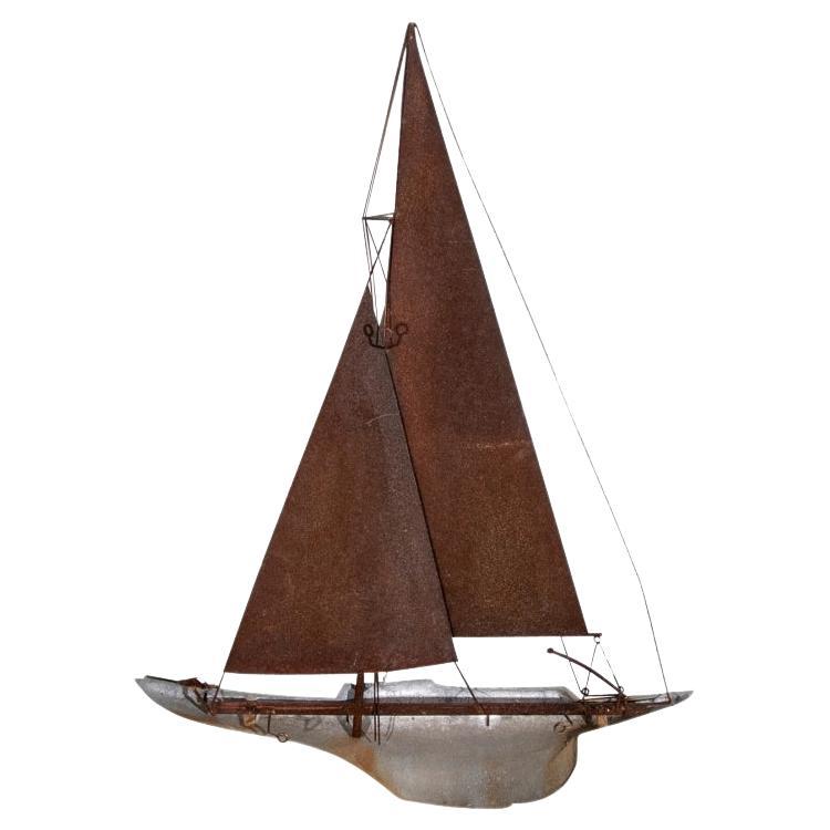 Vintage Large Metal Wall Mounted Sailboat Sculpture For Sale