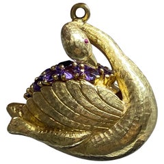 Vintage Large Mid Century 14k Yellow Gold & Amethyst Swan Charm Pendant