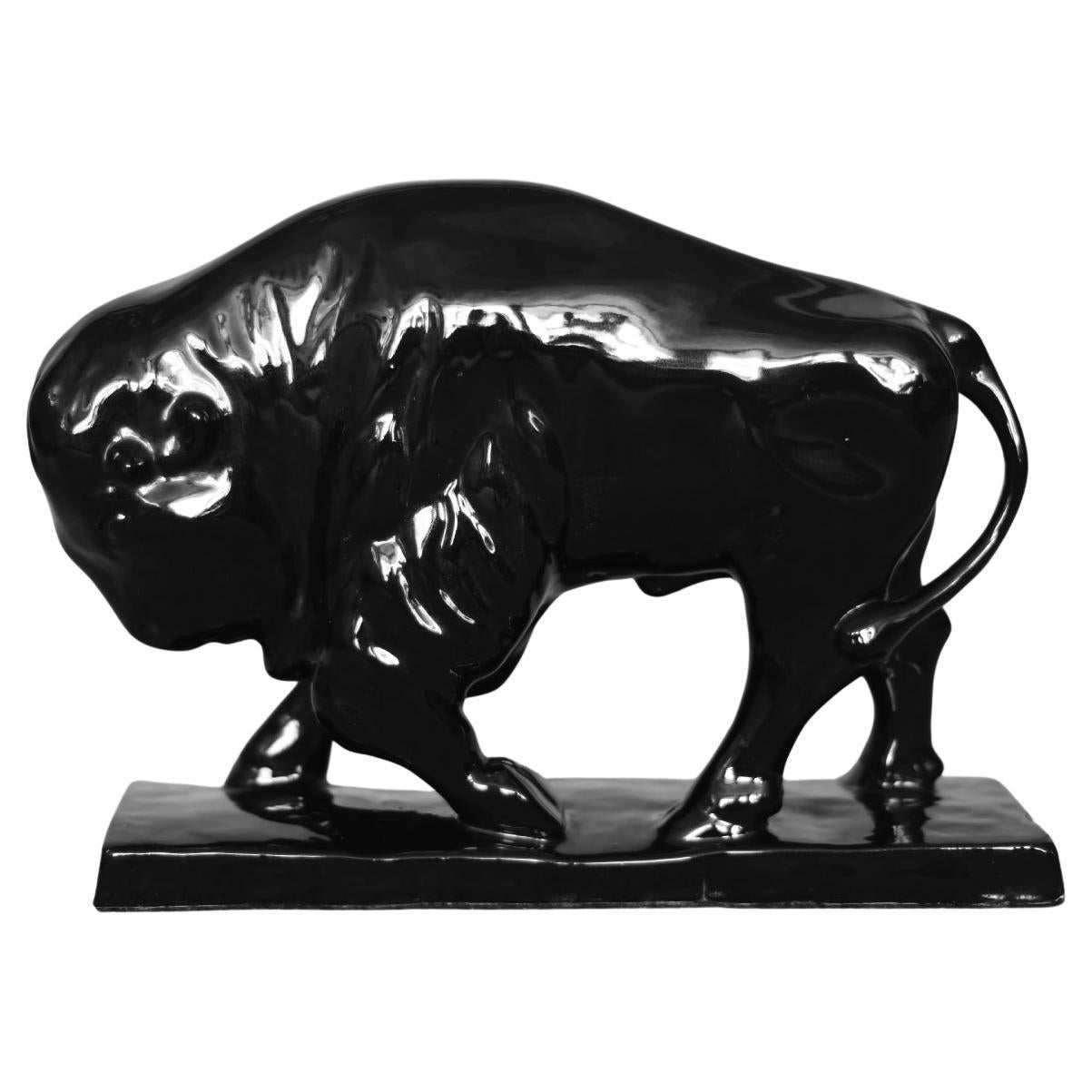 Vintage Large Mid-Century Scandinavian Modern Black Porcelain Bison Figurine