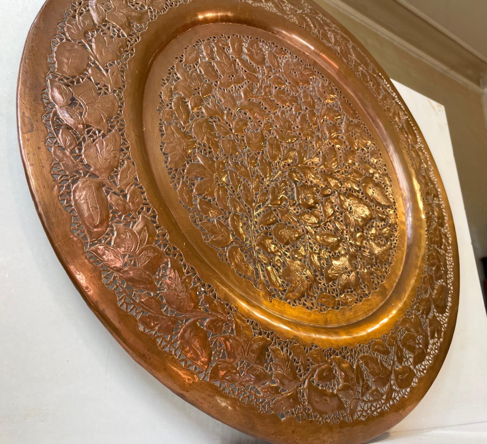 Asian Vintage Large Middle Eastern Tray in Piercet Copper, 1960s For Sale