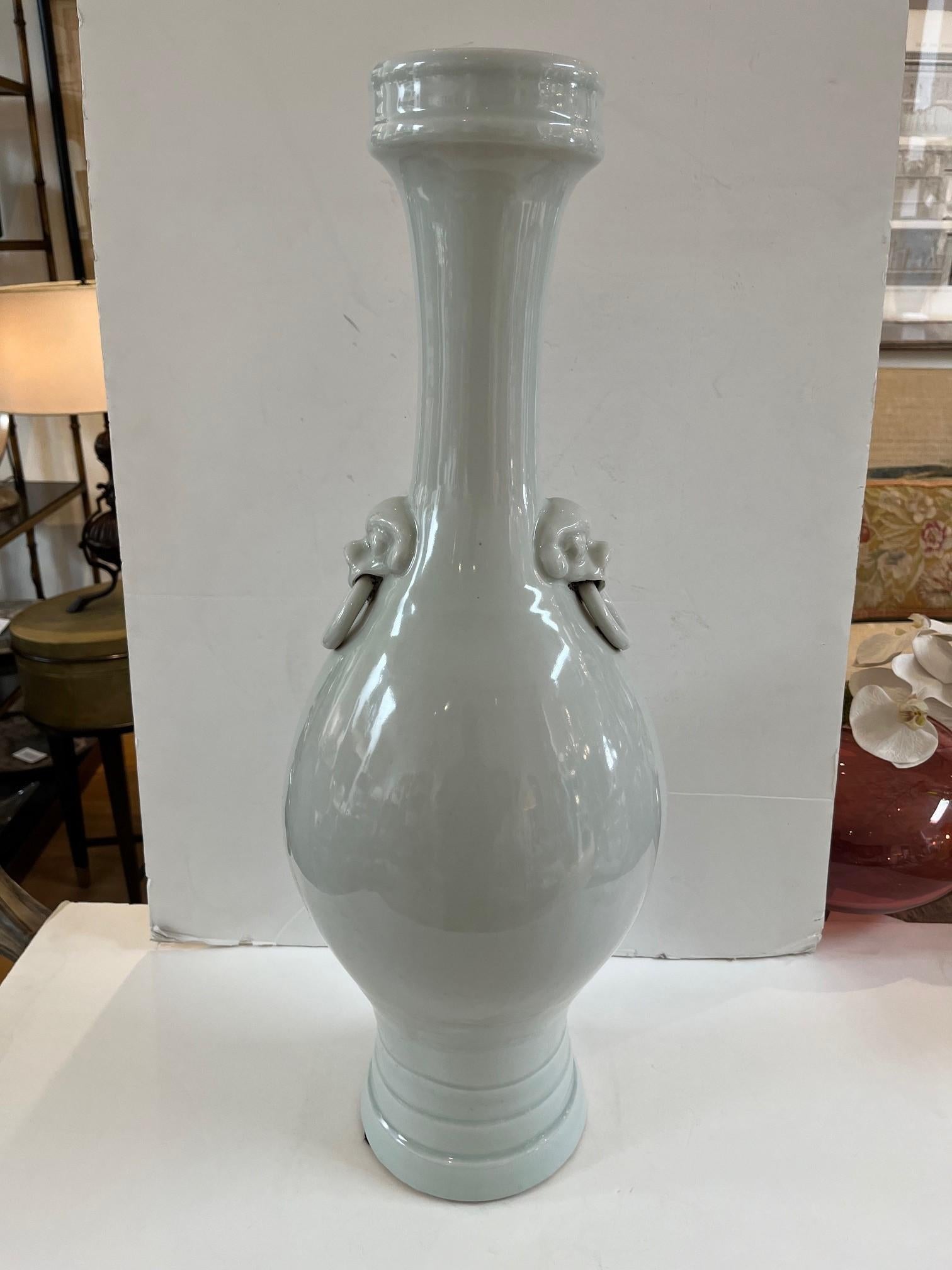 Vintage Large Ming Style Glazed Light Celadon Green Fixed Ring Porcelain Vase For Sale 4