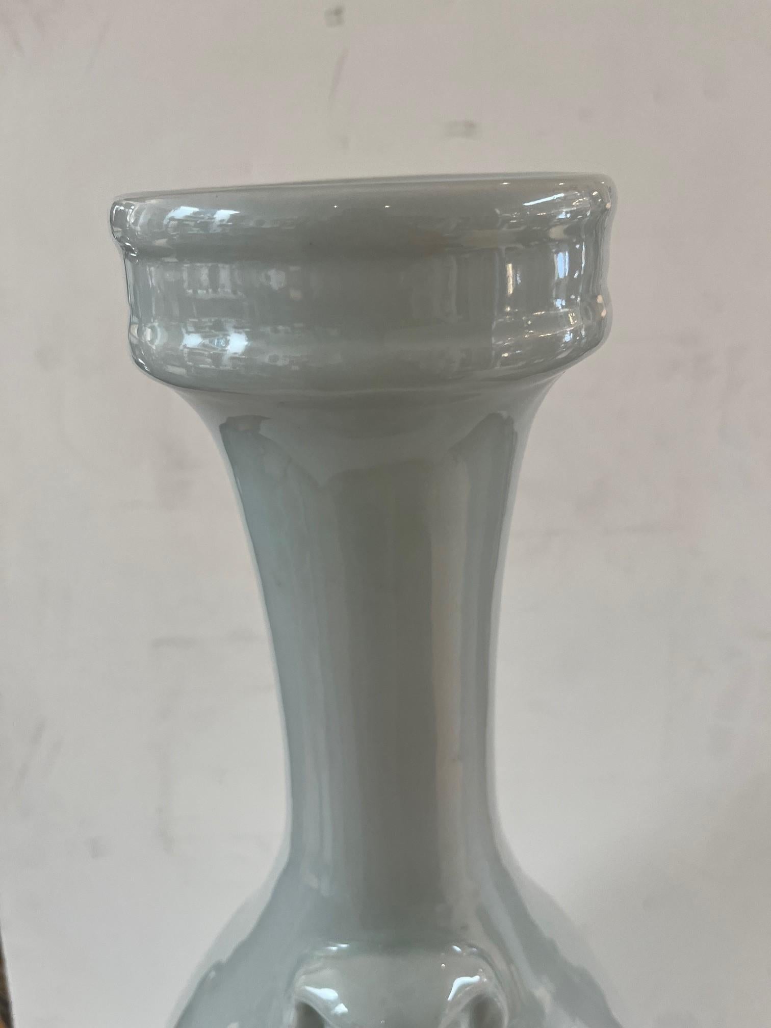 Vintage Large Ming Style Tall Porcelain Vase, it Features Urn or Bottle Shape with Fixed Ring with Dog Mask 