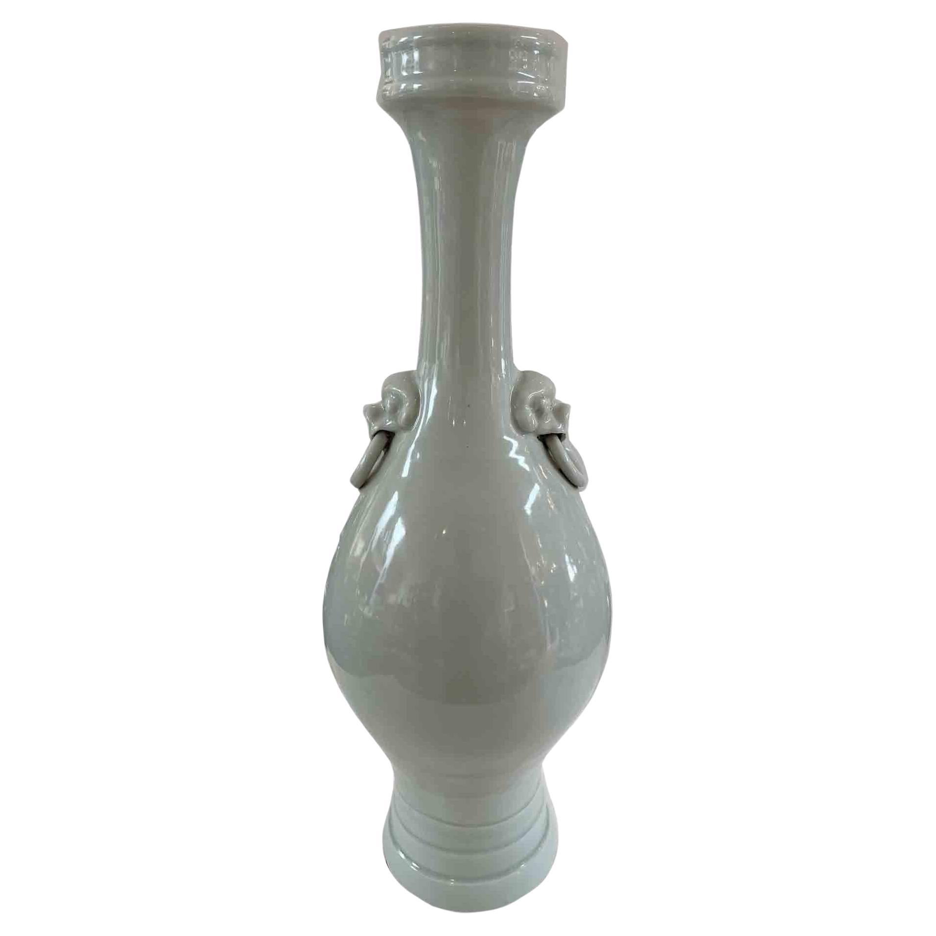 Vintage Large Ming Style Glazed Light Celadon Green Fixed Ring Porcelain Vase