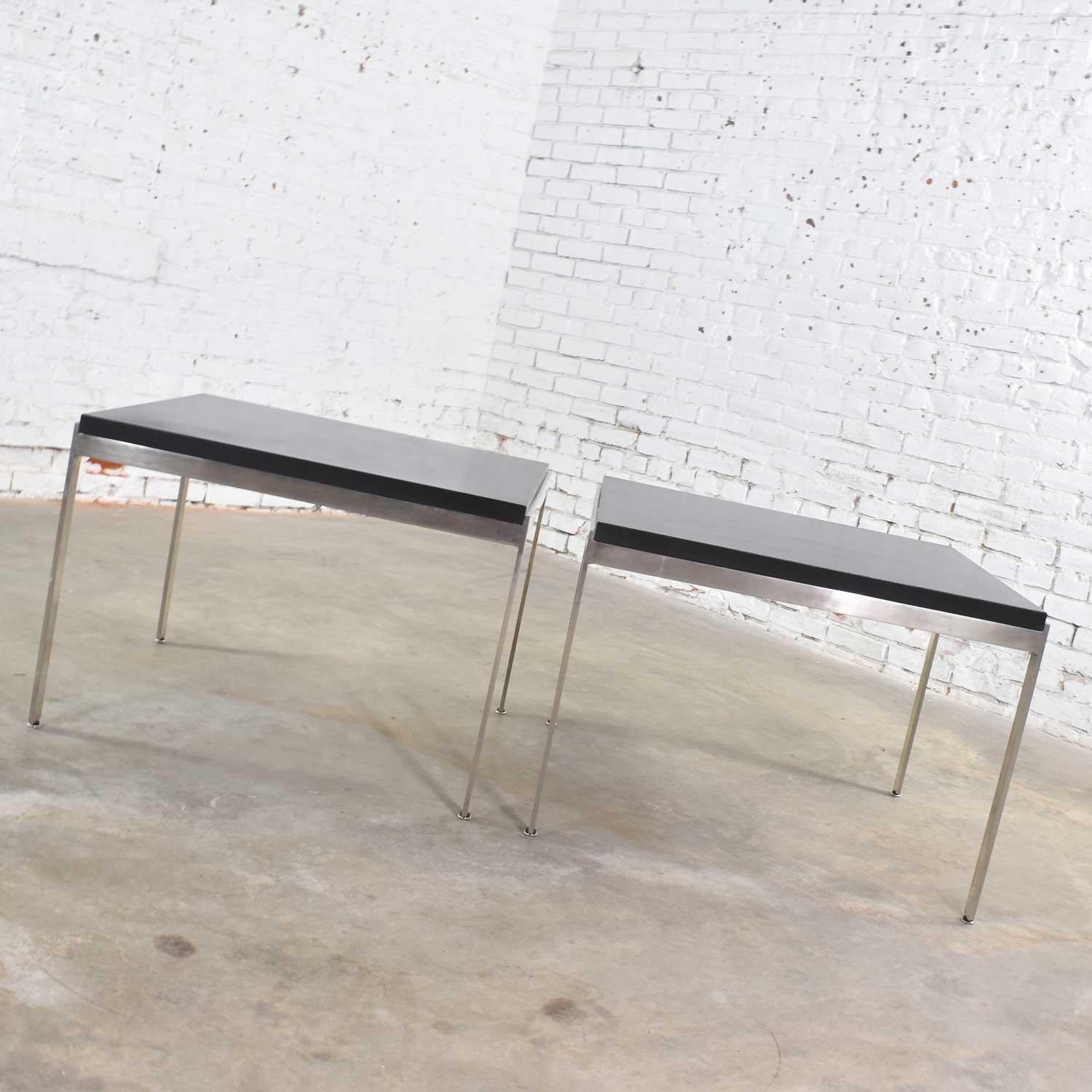 Vintage Large Modern Square End Tables in Stainless Steel Black Laminate Tops 2