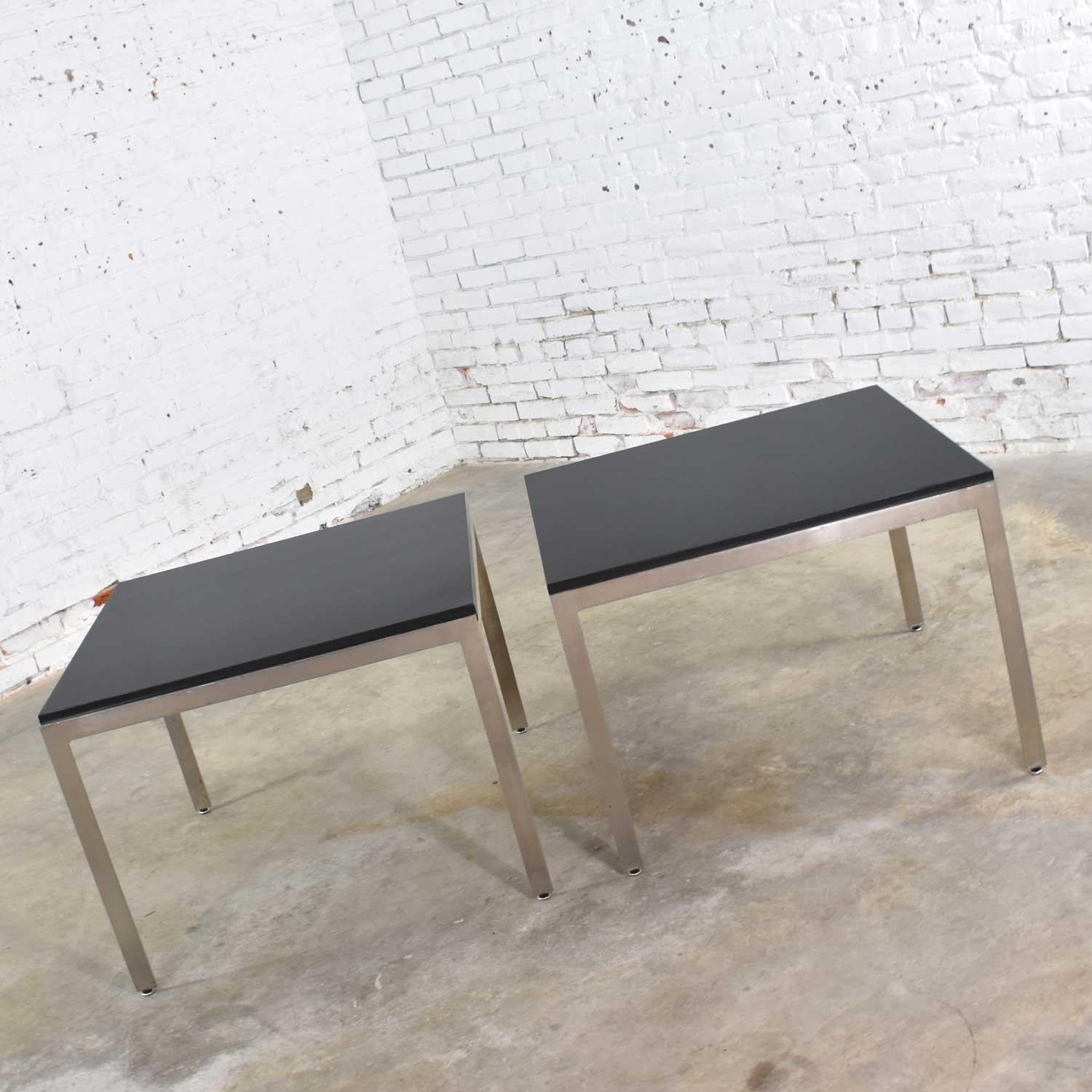 Vintage Large Modern Square End Tables in Stainless Steel Black Laminate Tops 3
