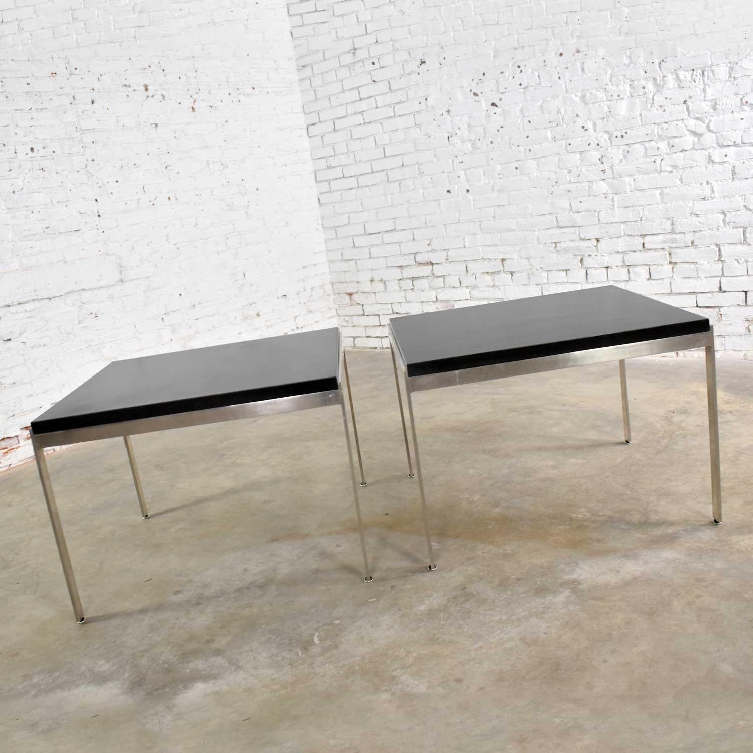 Vintage Large Modern Square End Tables in Stainless Steel Black Laminate Tops 5
