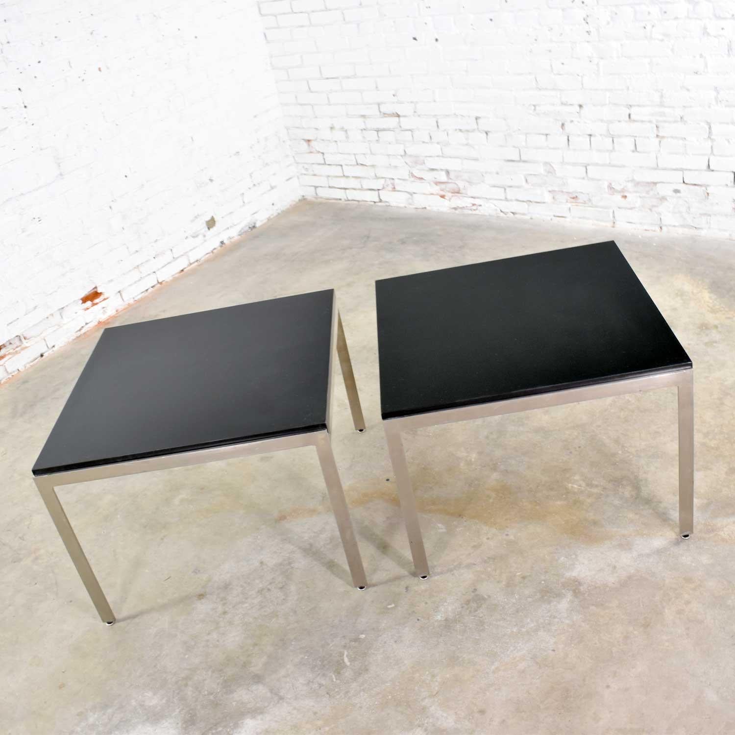 Mid-Century Modern Vintage Large Modern Square End Tables in Stainless Steel Black Laminate Tops