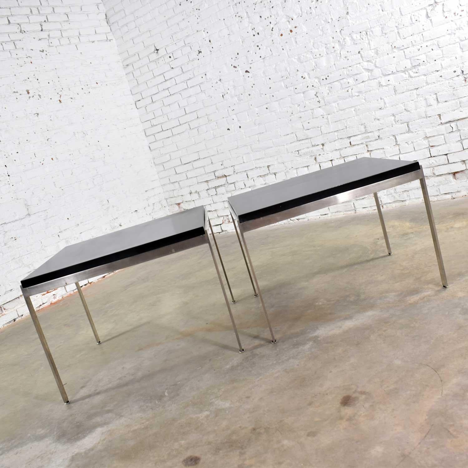 Unknown Vintage Large Modern Square End Tables in Stainless Steel Black Laminate Tops