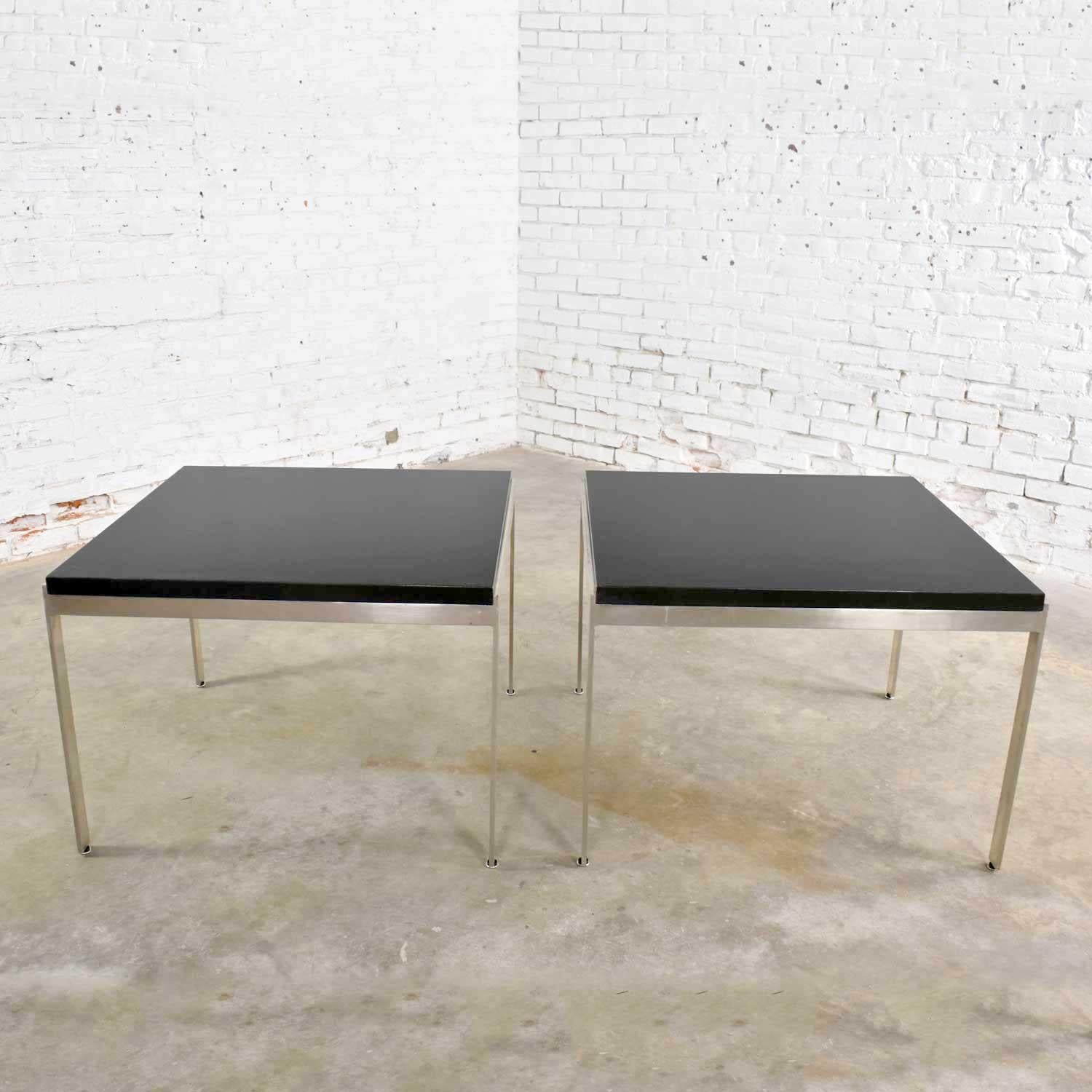 Vintage Large Modern Square End Tables in Stainless Steel Black Laminate Tops In Good Condition In Topeka, KS