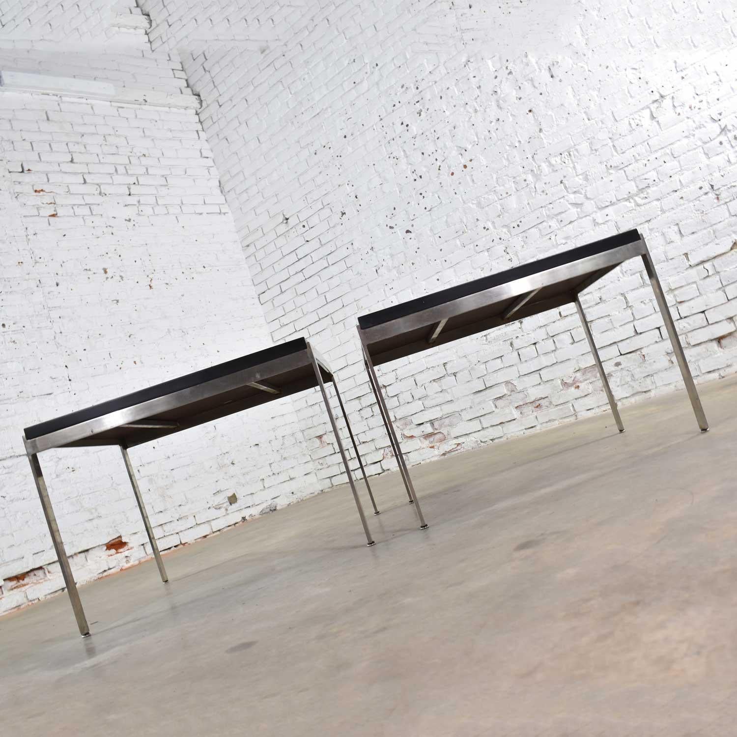20th Century Vintage Large Modern Square End Tables in Stainless Steel Black Laminate Tops