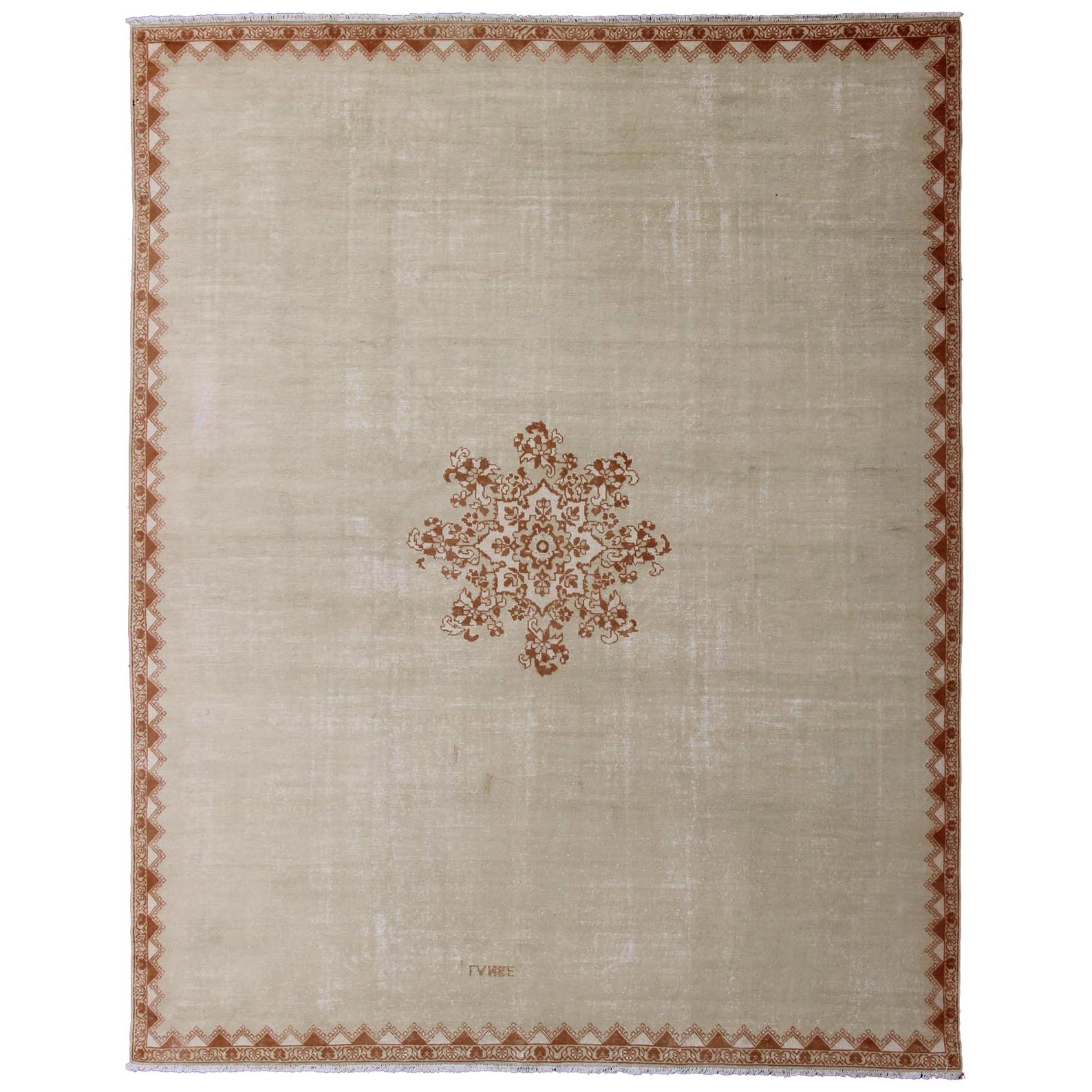 Vintage Large Moroccan Rug with Blossom Design in Ivory Background & Light Brown