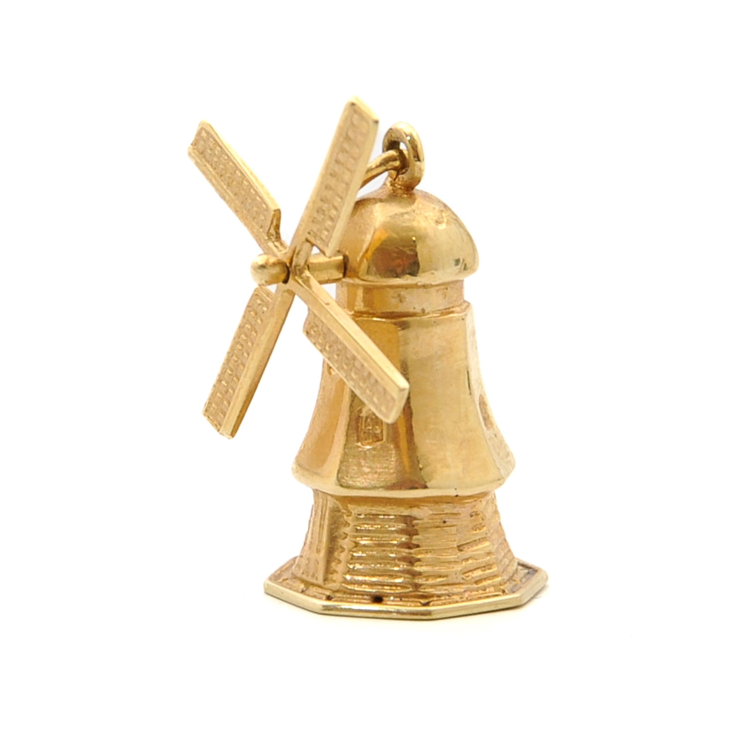 Pendentif en or 14K avec breloque en forme de grand moulin à vent mobile vintage en vente 1
