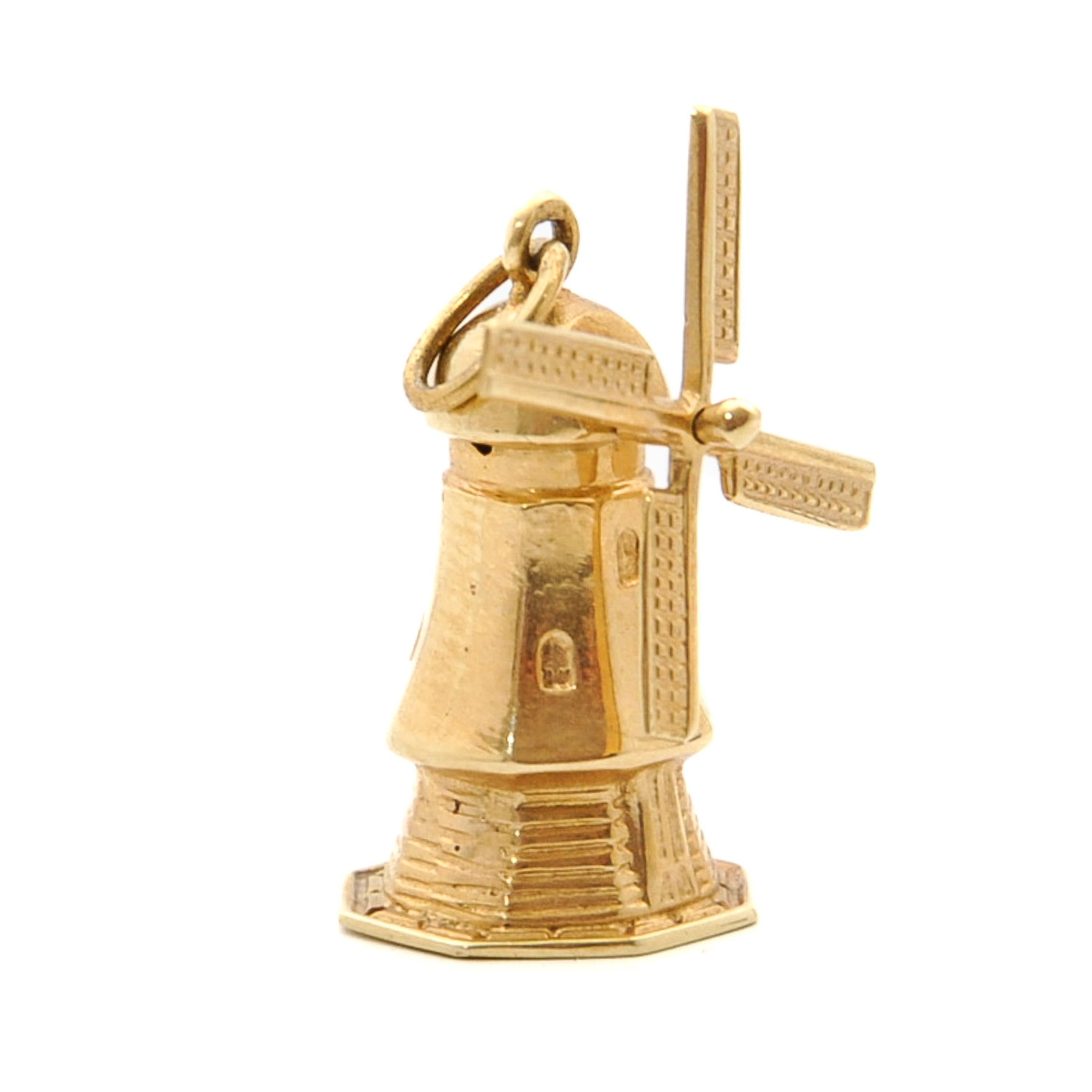 Women's or Men's Vintage Large Movable Windmill 14K Gold Charm Pendant For Sale