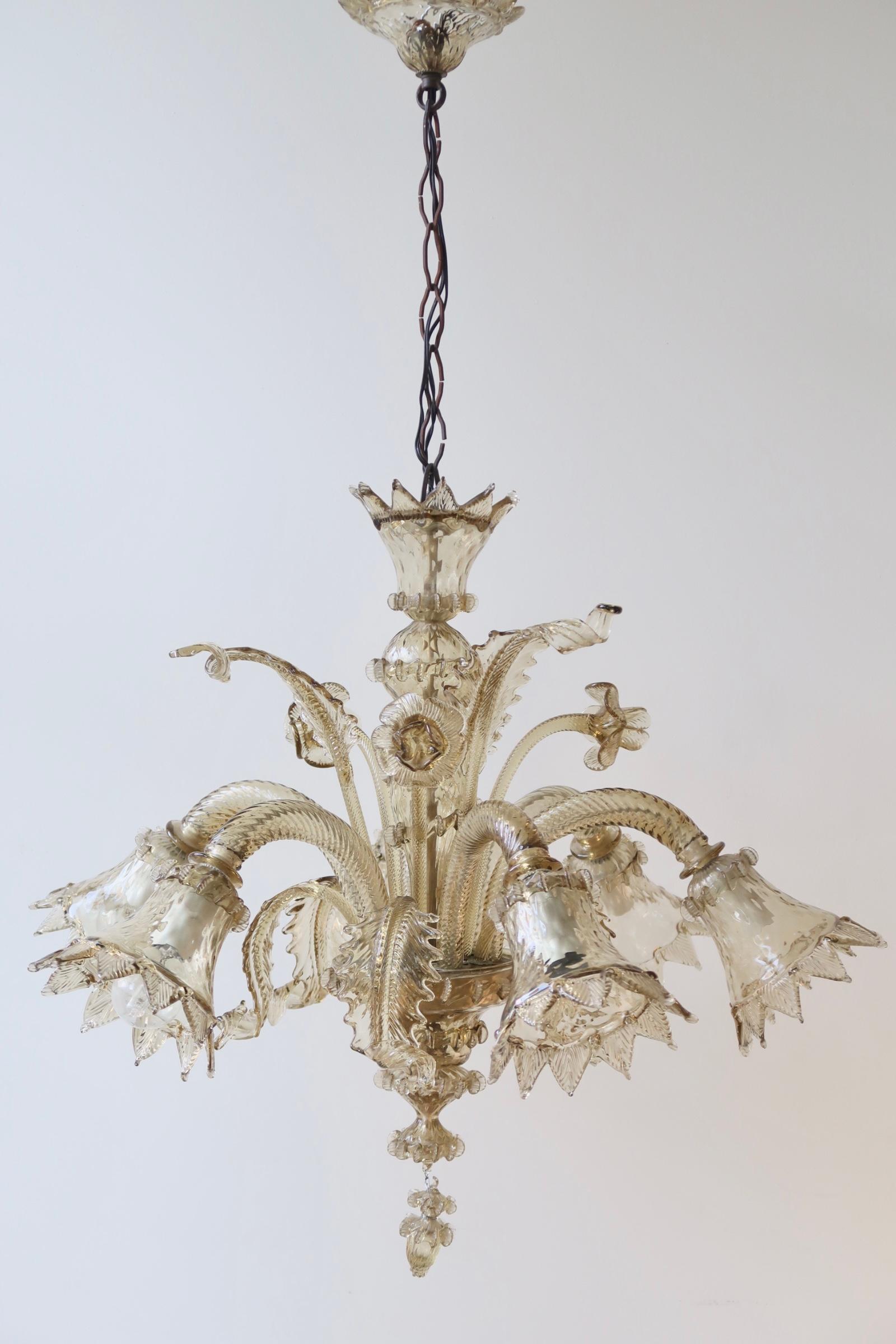 Late 20th Century Vintage Large Murano 1970s Gold Bronze Mouth Blown Glass Chandelier with Flowers