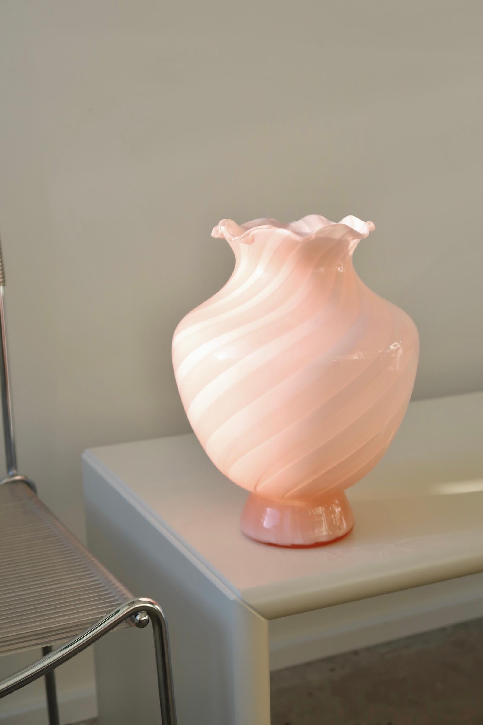 Late 20th Century Vintage Large Murano 1970s Italian Rose Pink Swirl Glass Vase 