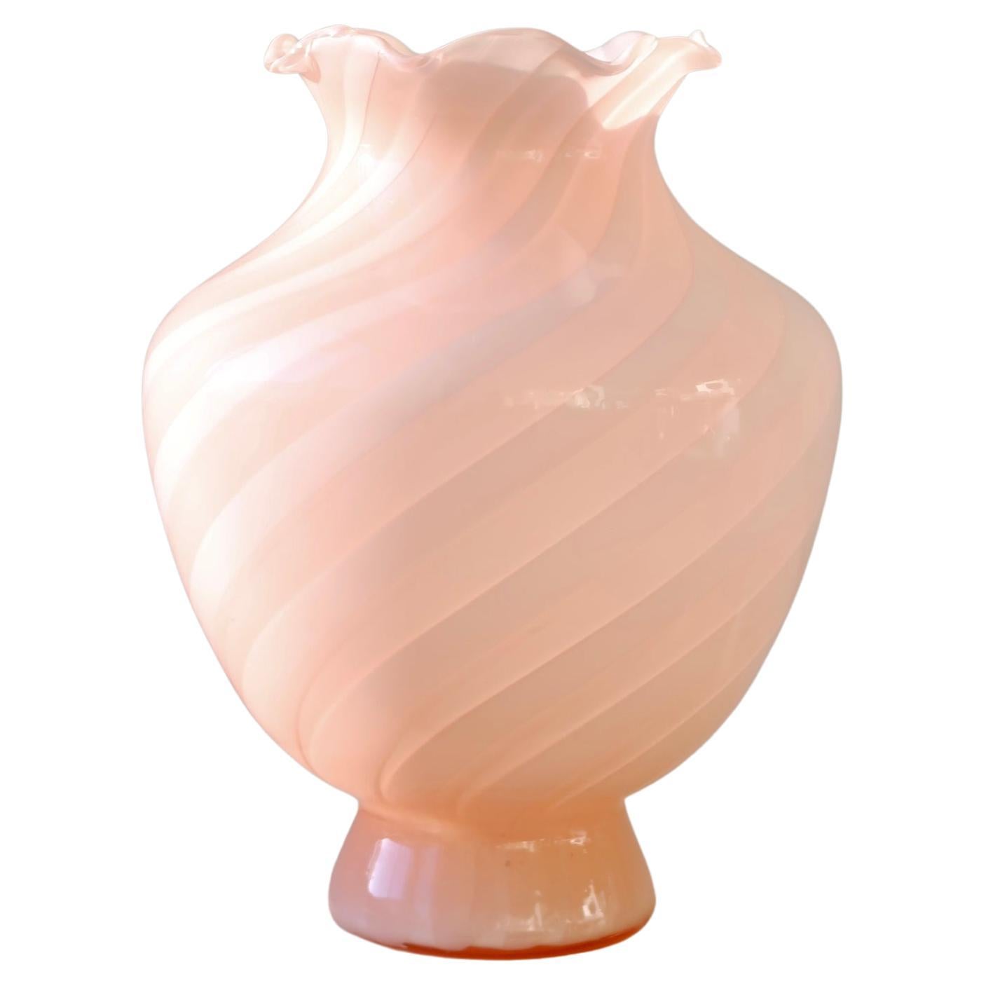 Vintage Large Murano 1970s Italian Rose Pink Swirl Glass Vase 