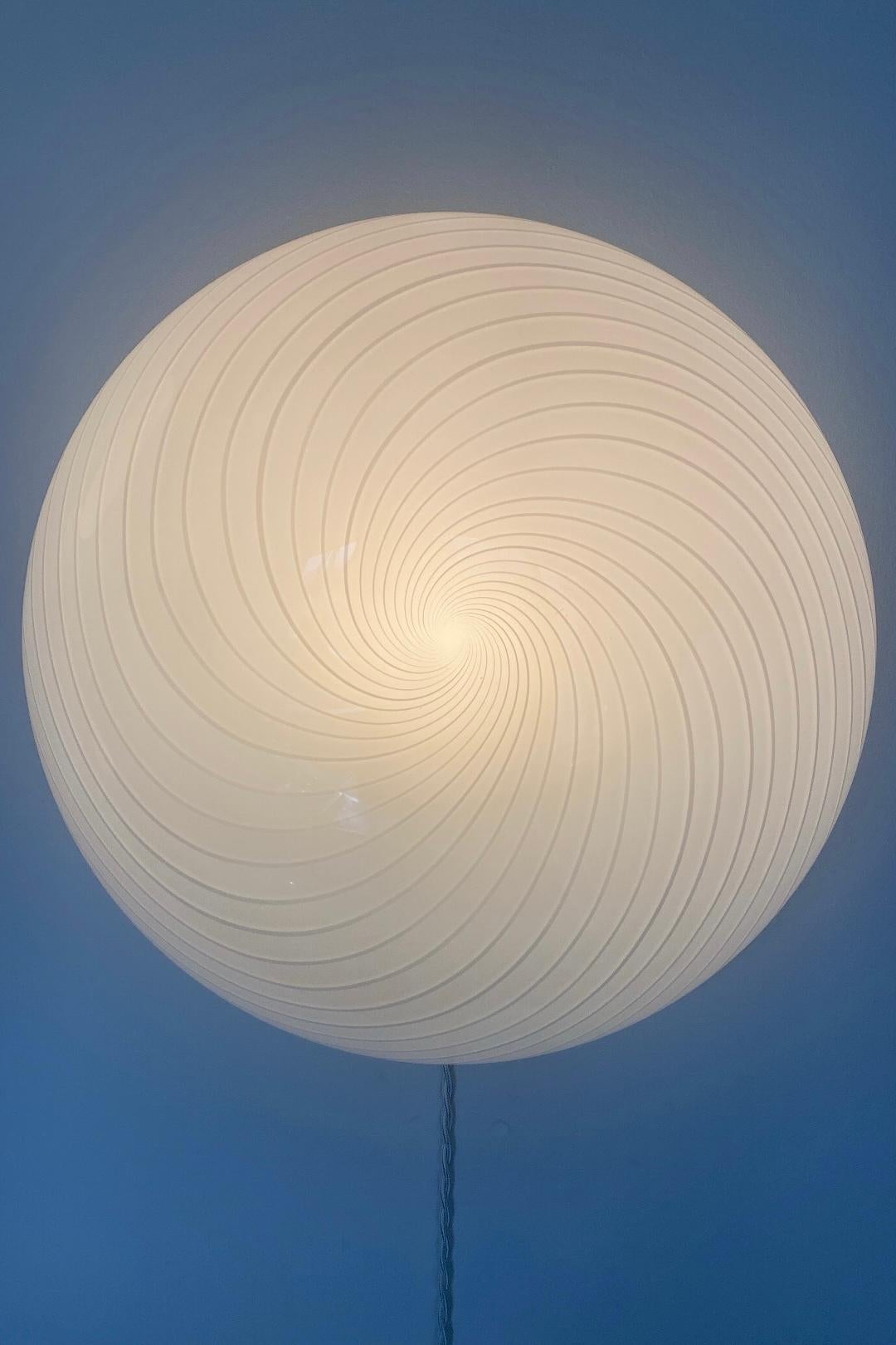 Vintage Large Murano 1970s Wall or Ceiling Lamp White Swirl Glass In Good Condition In Copenhagen, DK