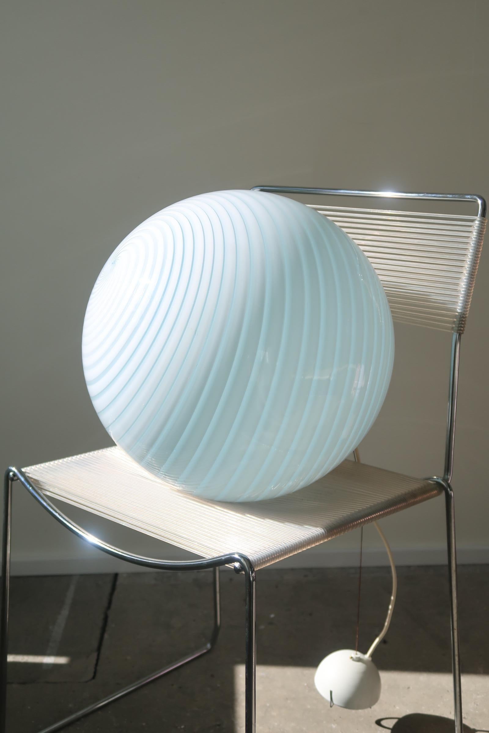 Vintage Large Murano Baby Blue Swirl Glass Italian 70s Sphere Globe Pendant Lamp In Good Condition In København, DK