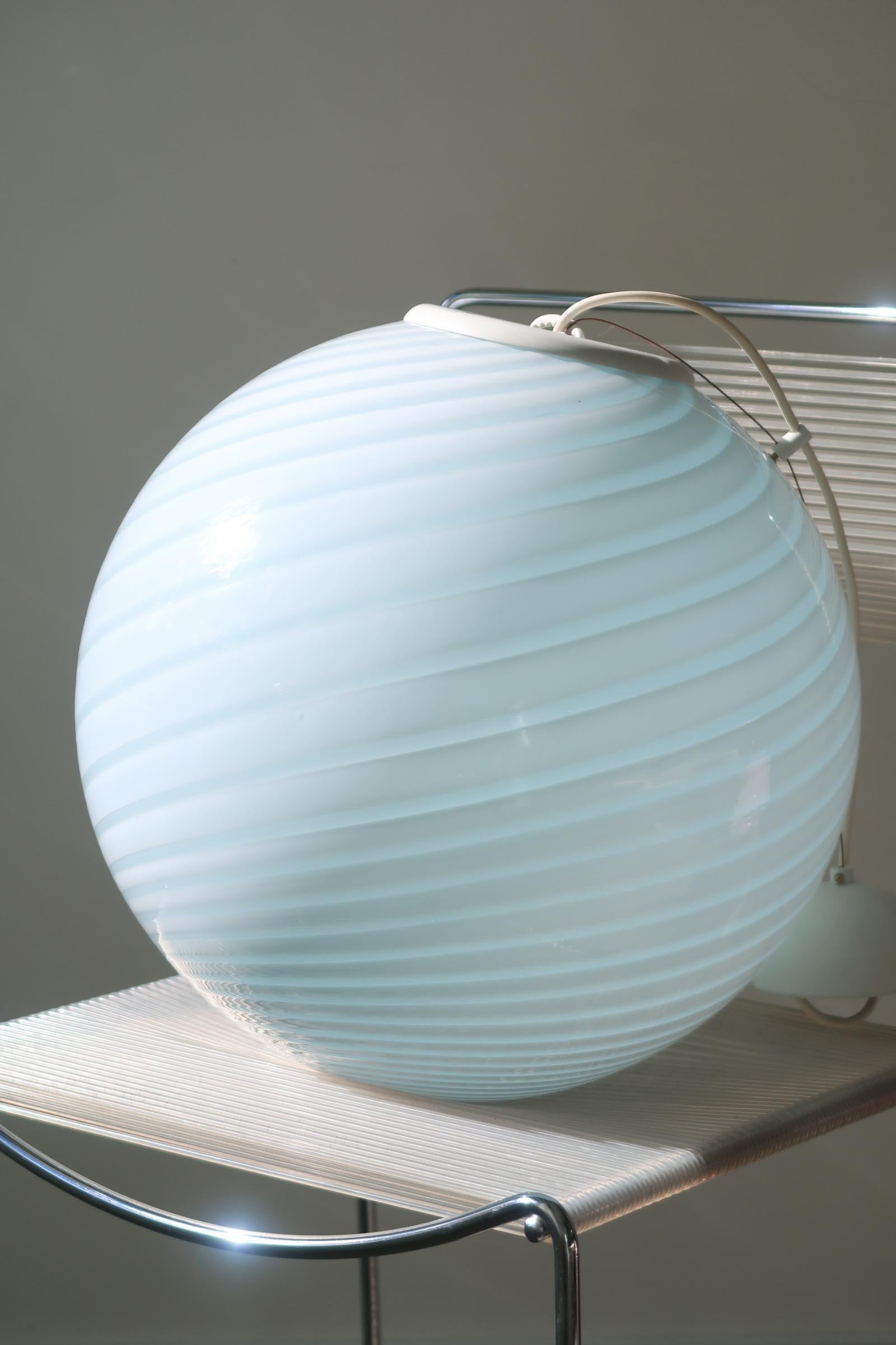 Murano Glass Vintage Large Murano Baby Blue Swirl Glass Italian 70s Sphere Globe Pendant Lamp