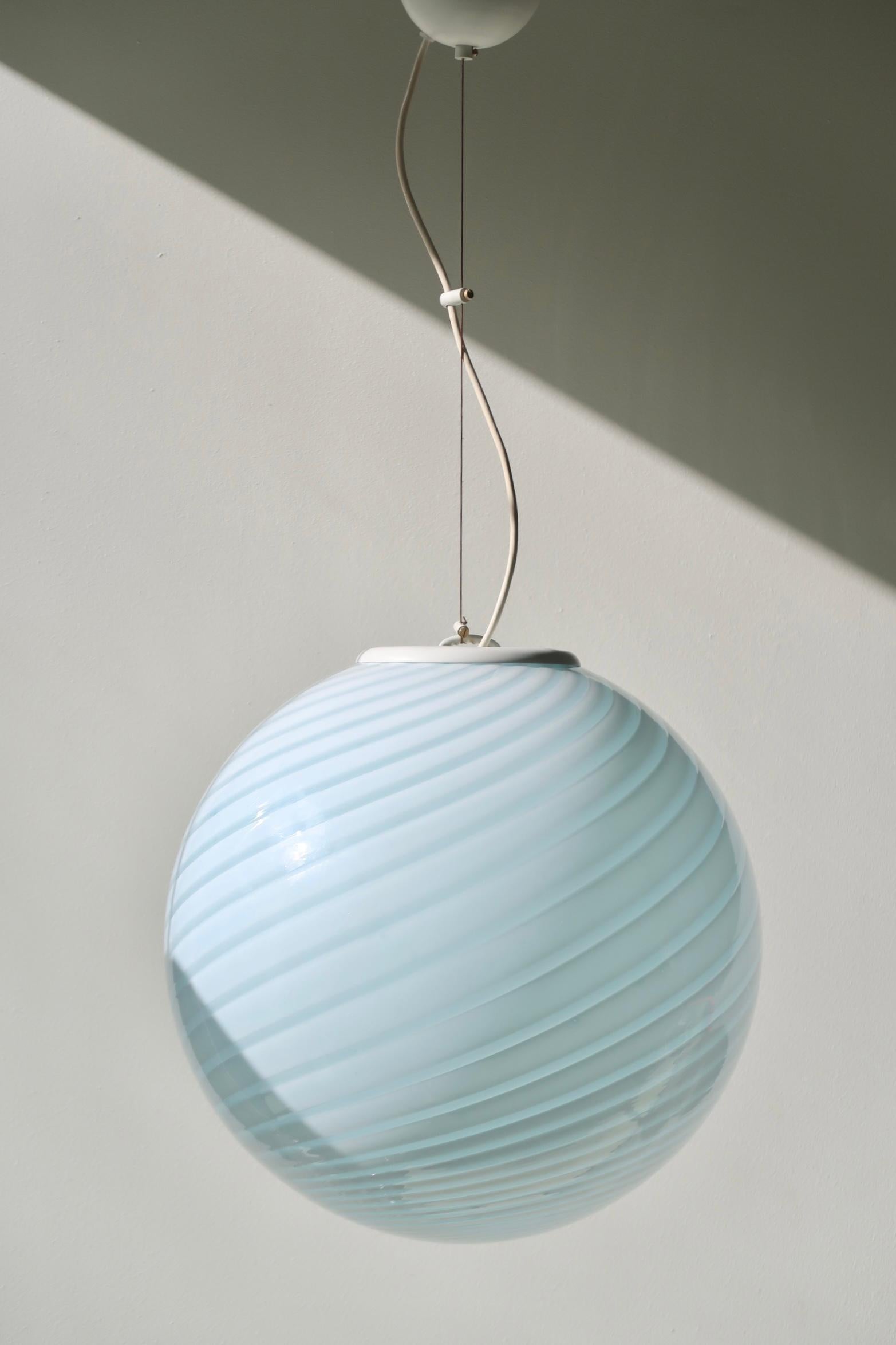 Vintage Large Murano Baby Blue Swirl Glass Italian 70s Sphere Globe Pendant Lamp 1