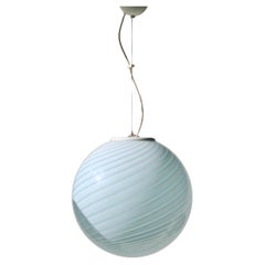Vintage Large Murano Baby Blue Swirl Glass Italian 70s Sphere Globe Pendant Lamp