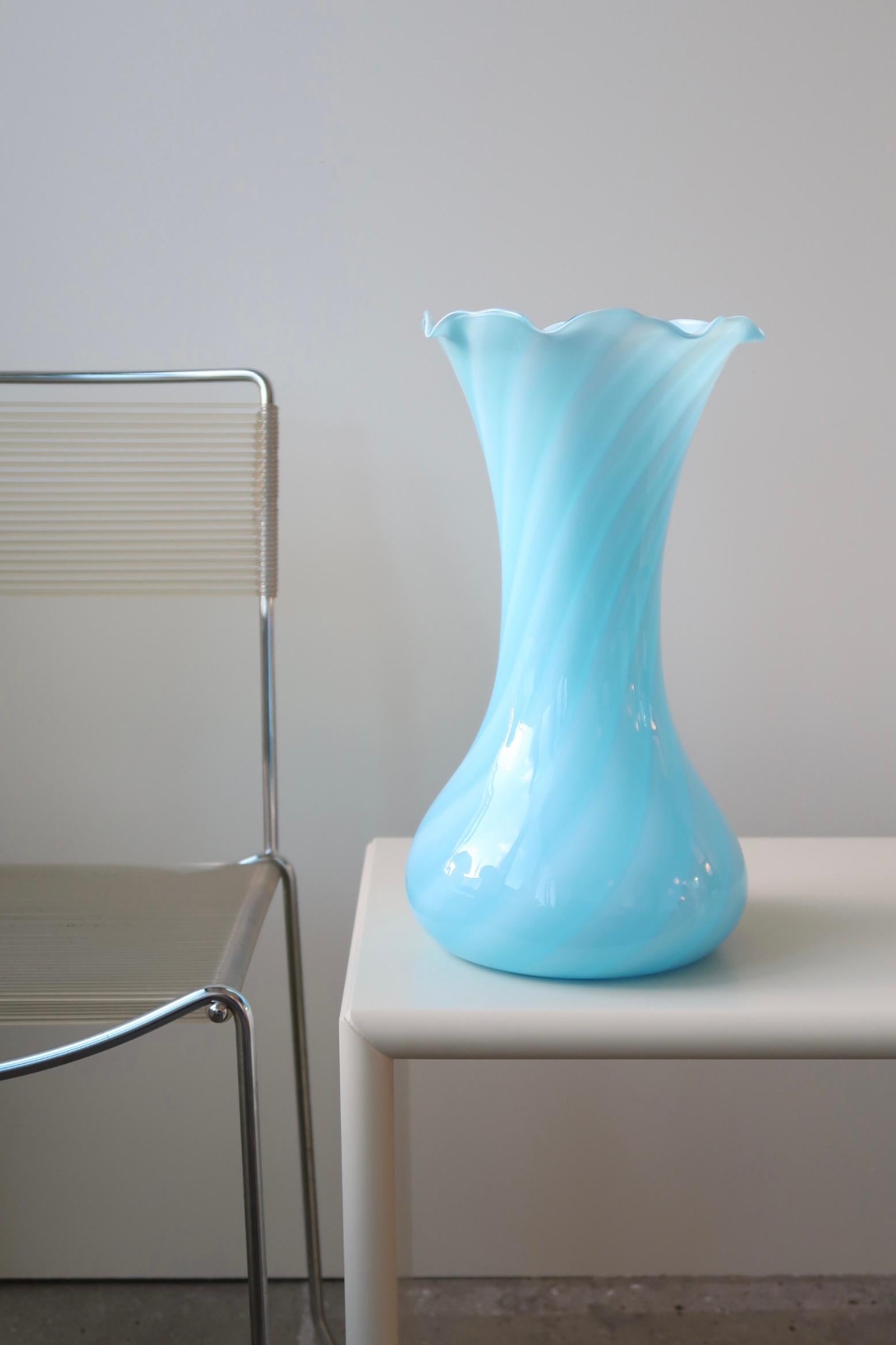 Mid-Century Modern Vintage Large Murano Blue Swirl Vase