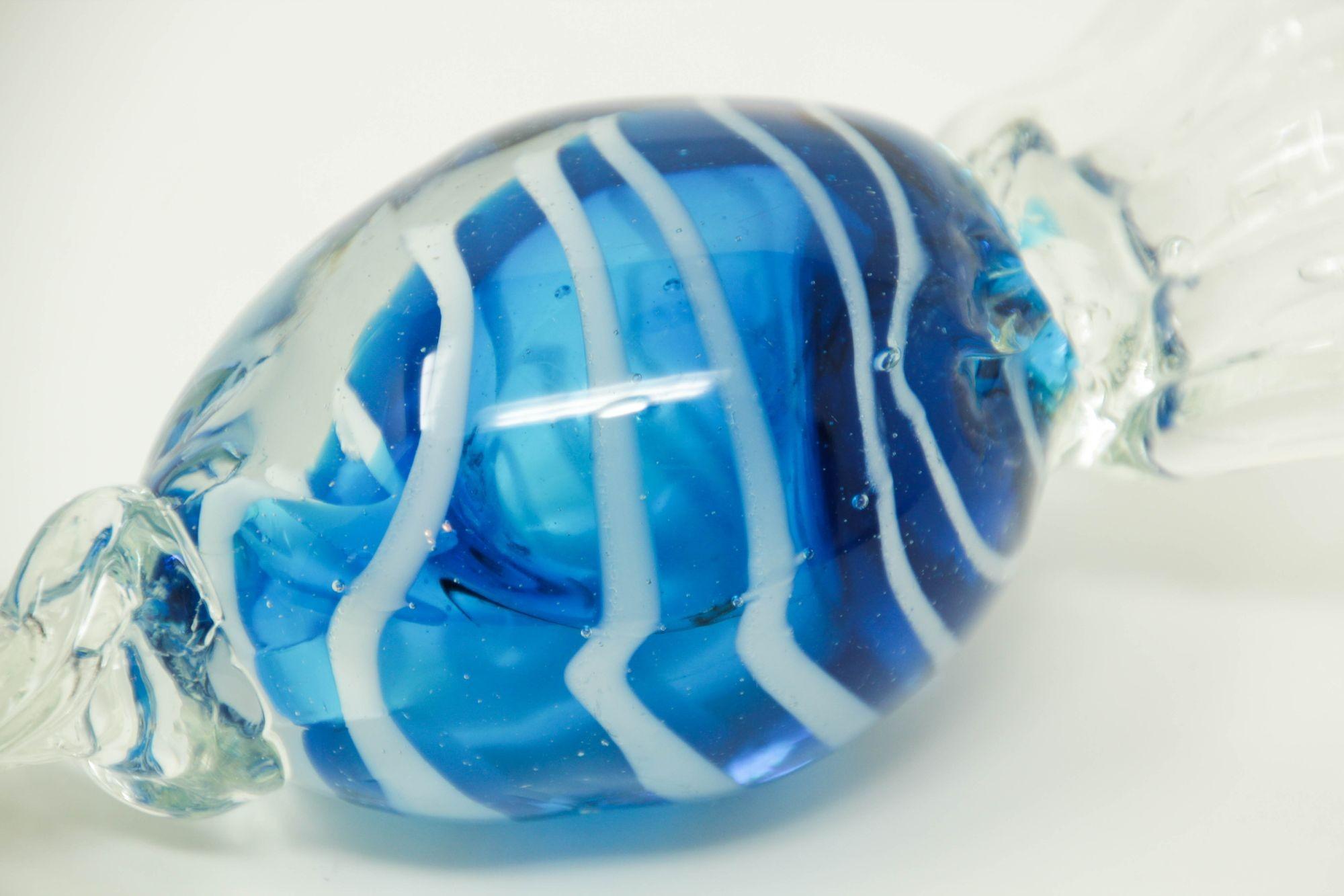 Hand-Crafted Vintage Large Murano Decorative Blown Art Glass Wrapped Blue Candy Paperweight