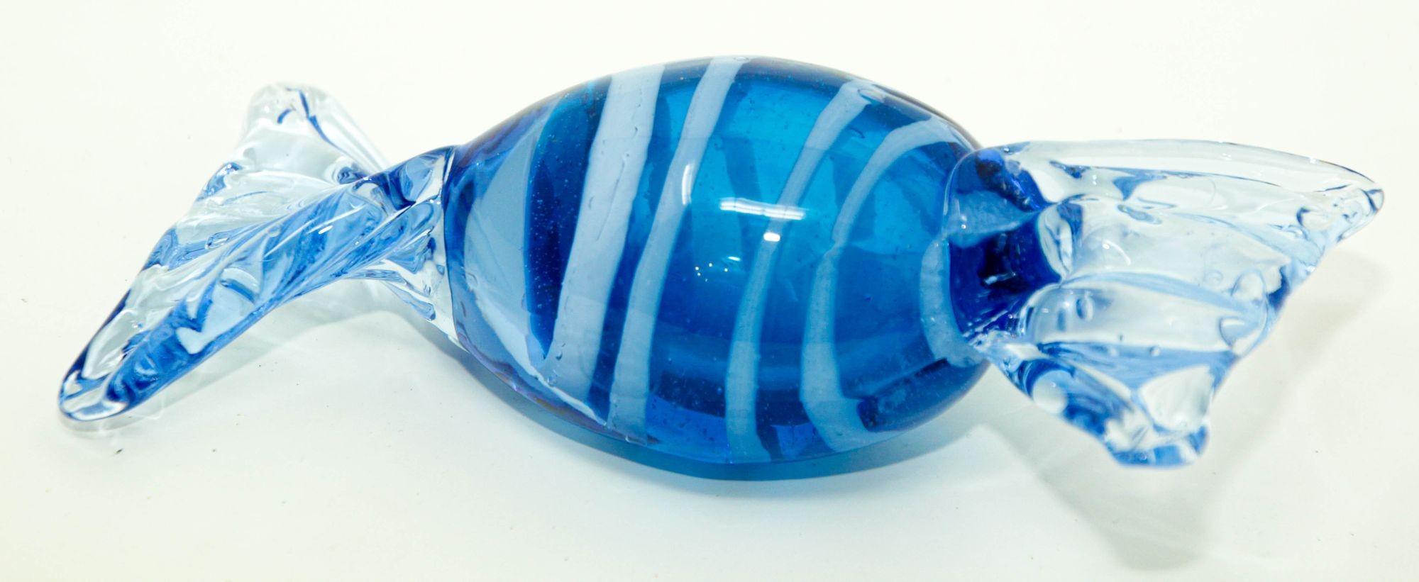 Italian Vintage Large Murano Decorative Blown Glass Wrapped Blue Hard Candy Paperweight For Sale